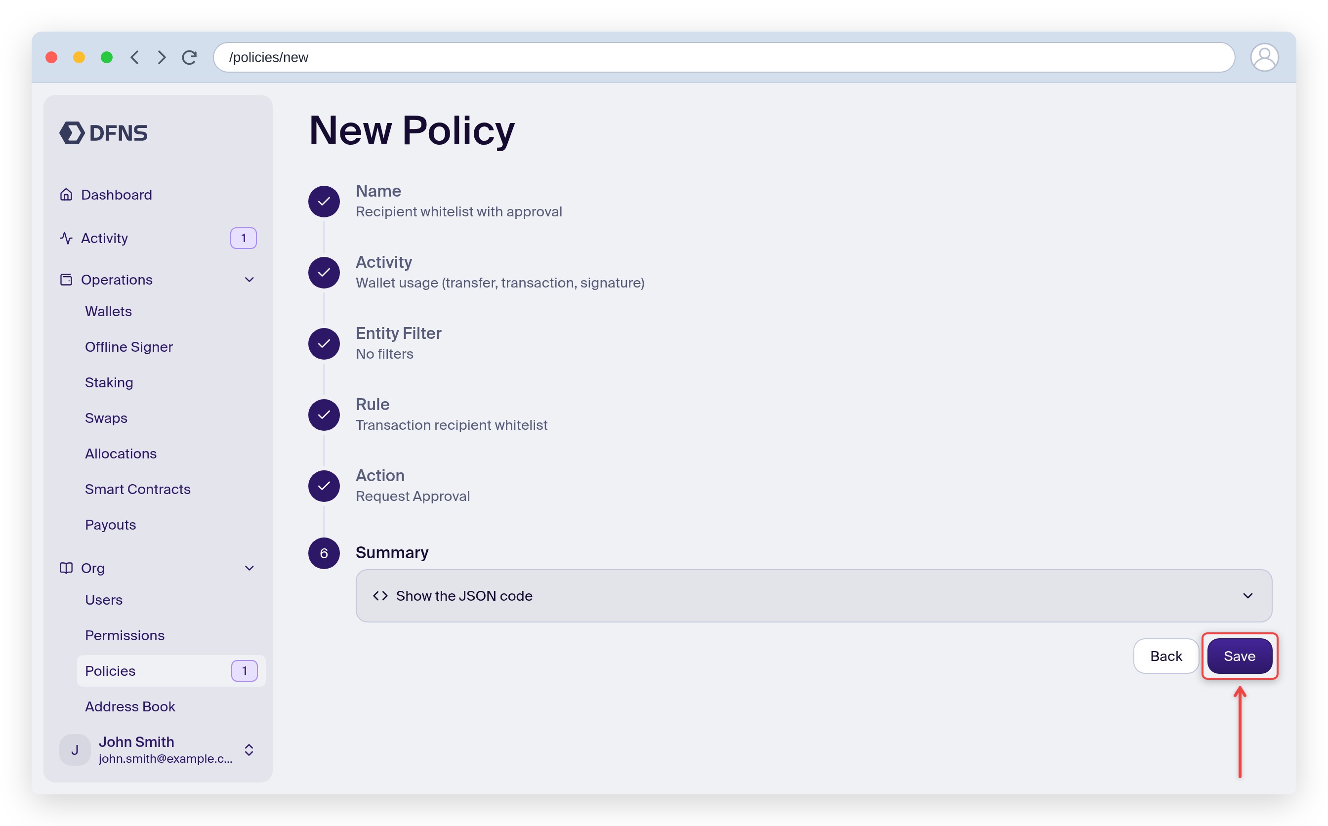 Policy wizard Summary step with the Save button highlighted