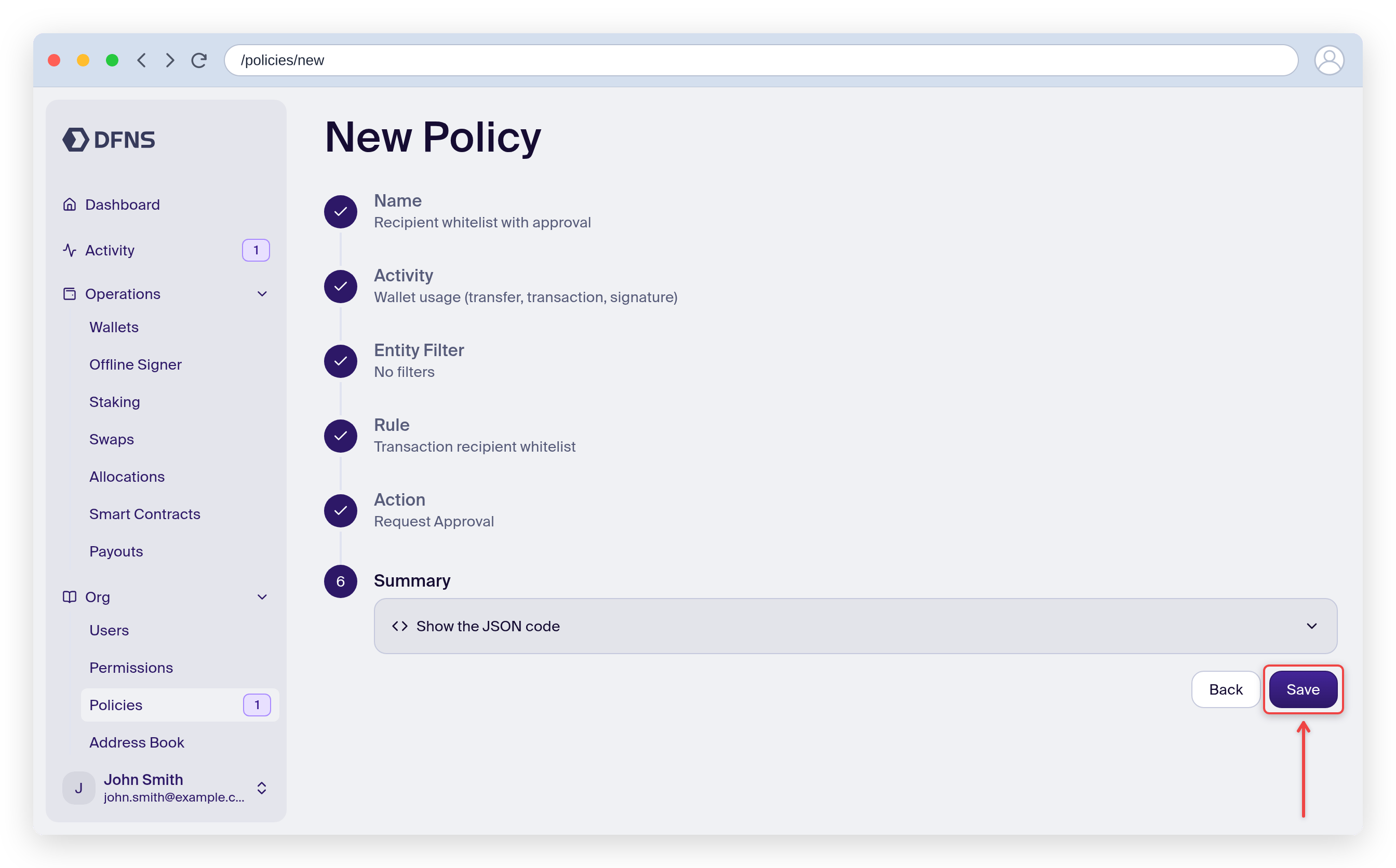 Policy wizard Summary step with the Save button highlighted