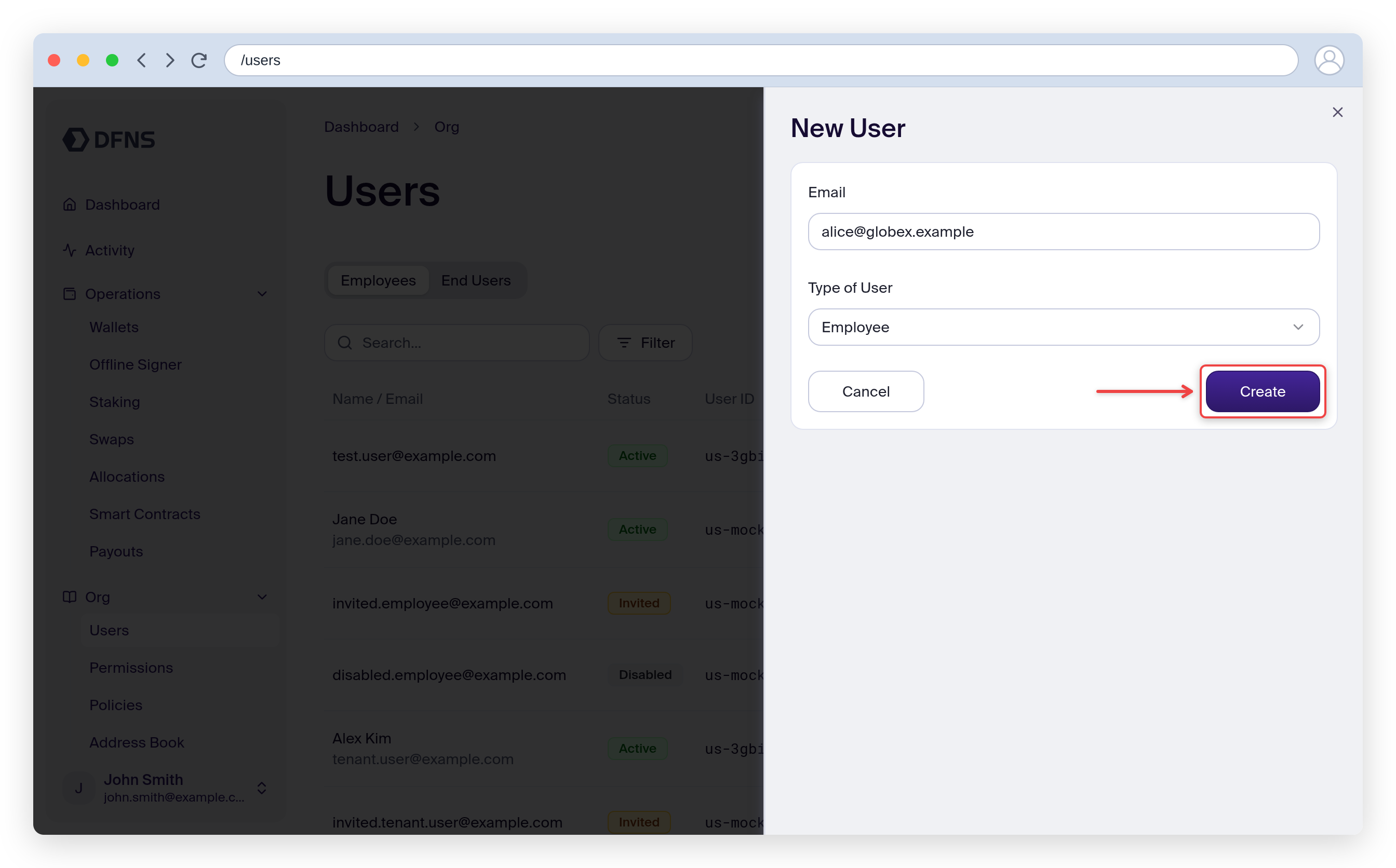 New User invite form with the email filled and the Create button highlighted