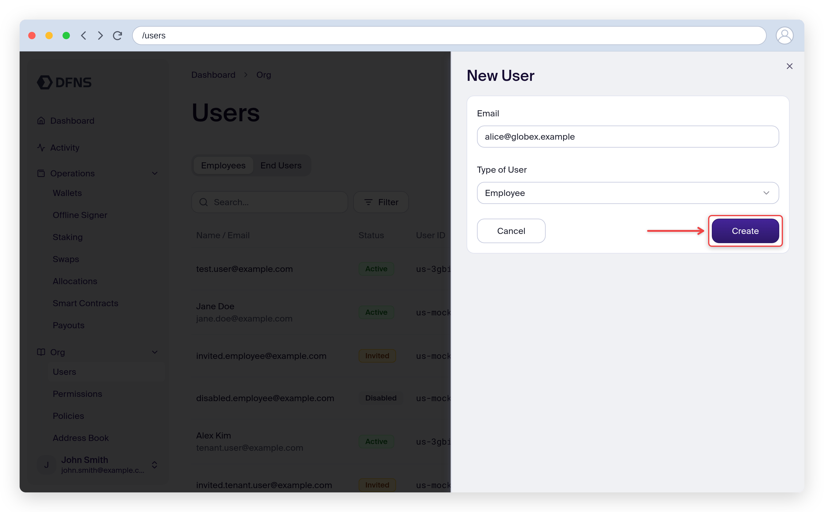 New User invite form with the email filled and the Create button highlighted