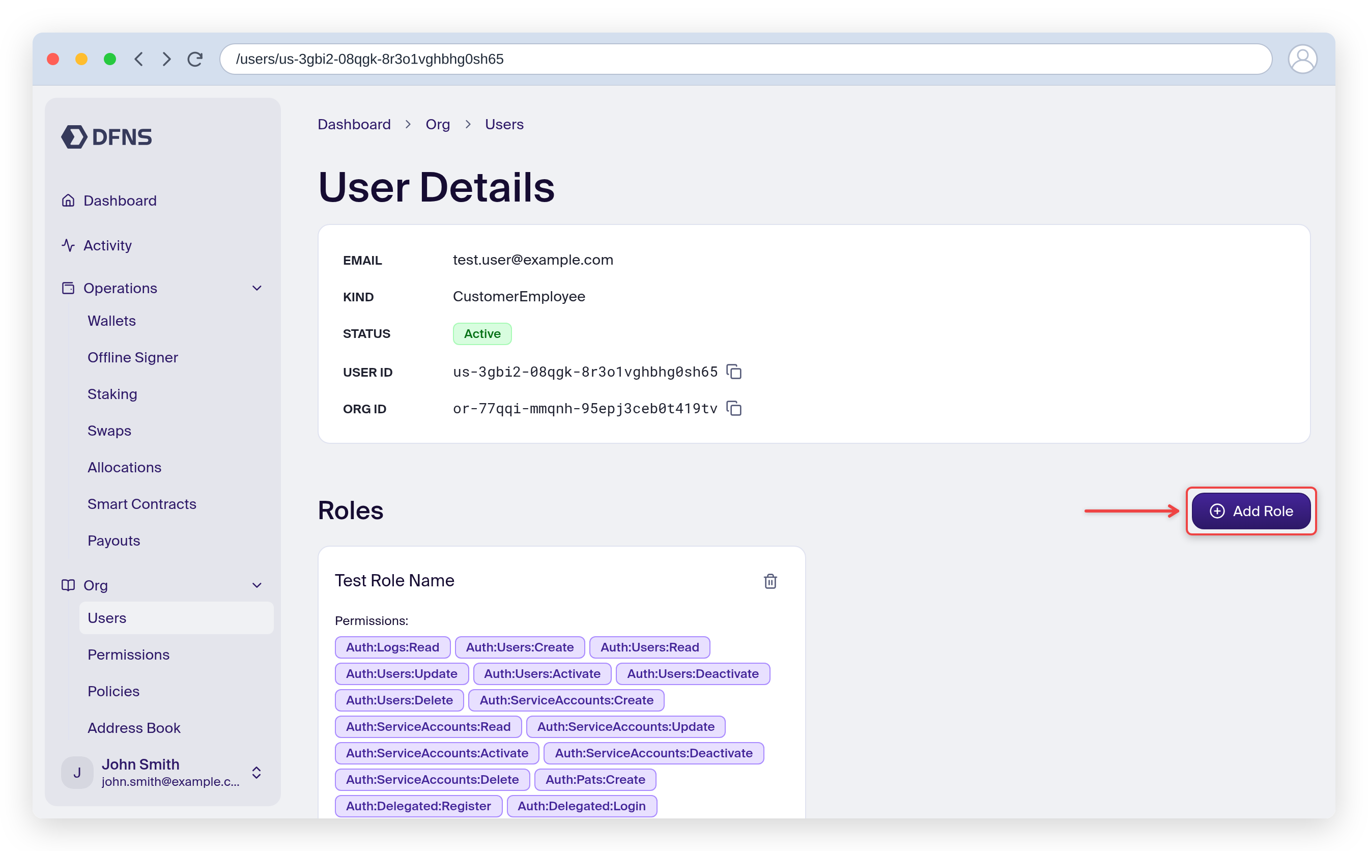 User details page with the Add Role button highlighted