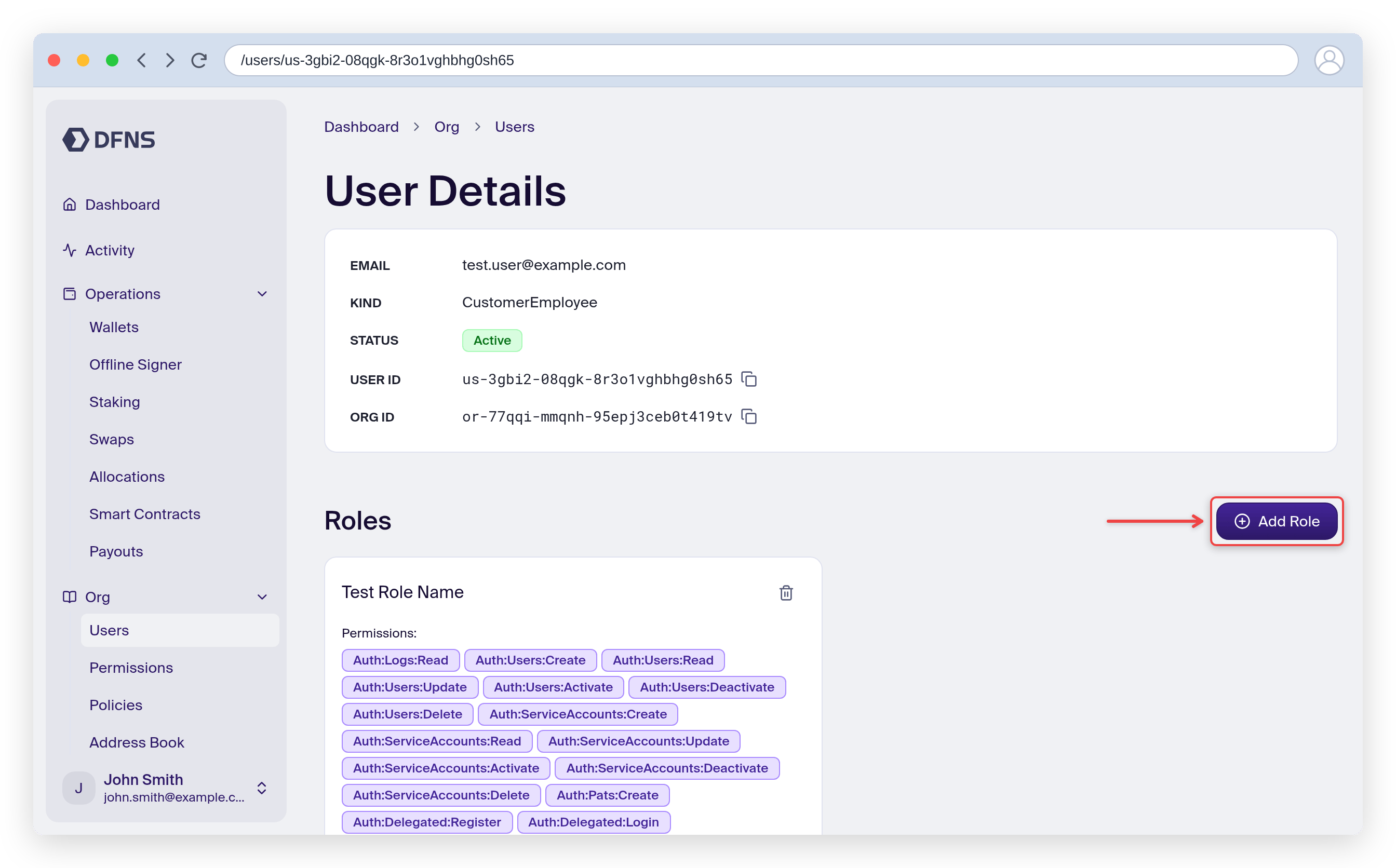 User details page with the Add Role button highlighted