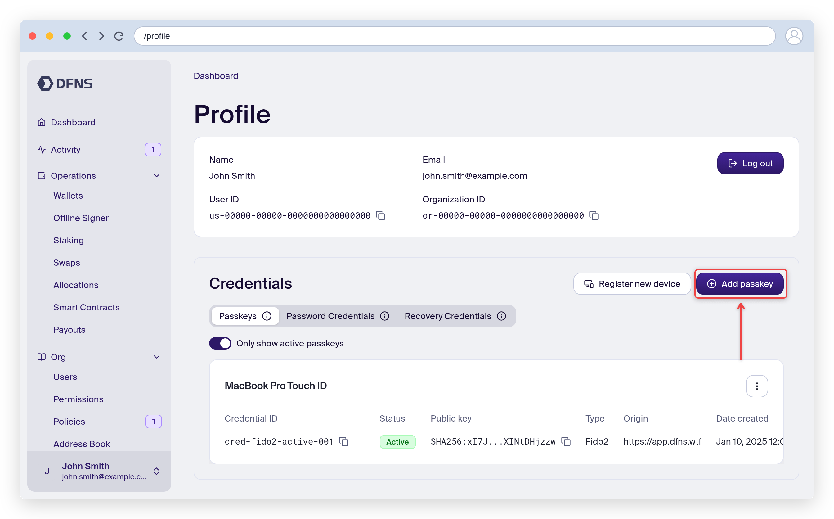 Profile page Passkeys tab listing existing credentials, with the Add passkey button highlighted