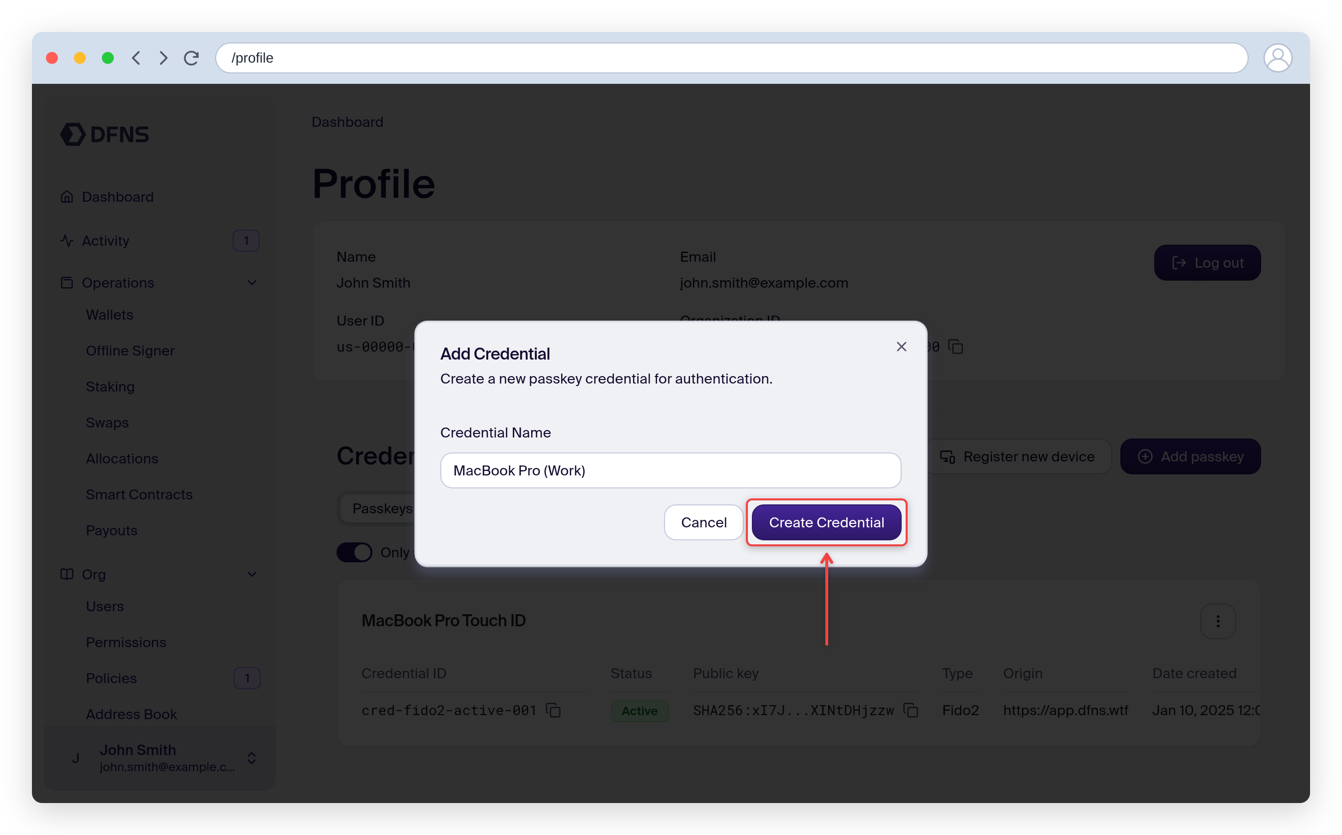 Add Credential dialog with a credential name entered and the Create Credential button highlighted