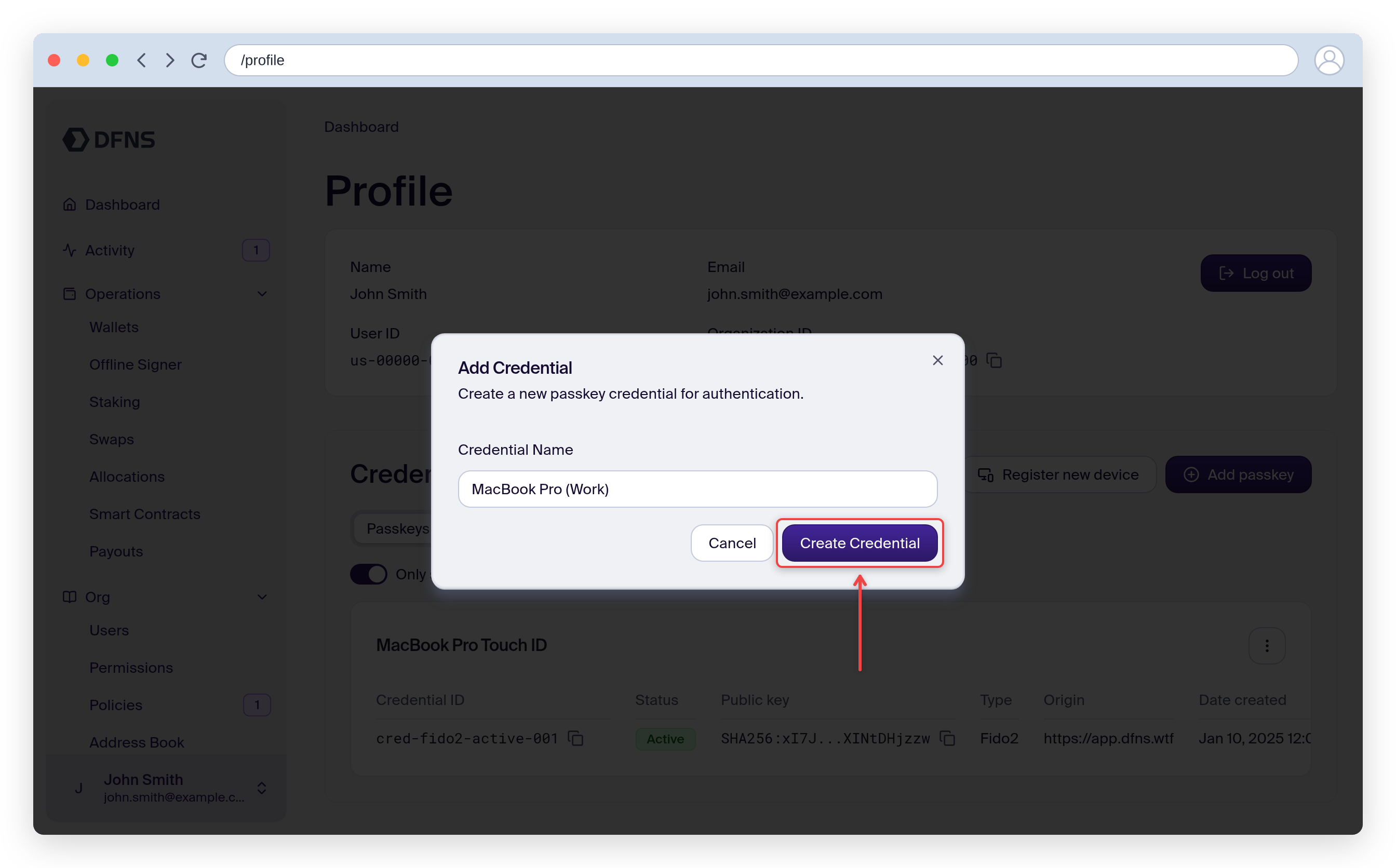 Add Credential dialog with a credential name entered and the Create Credential button highlighted