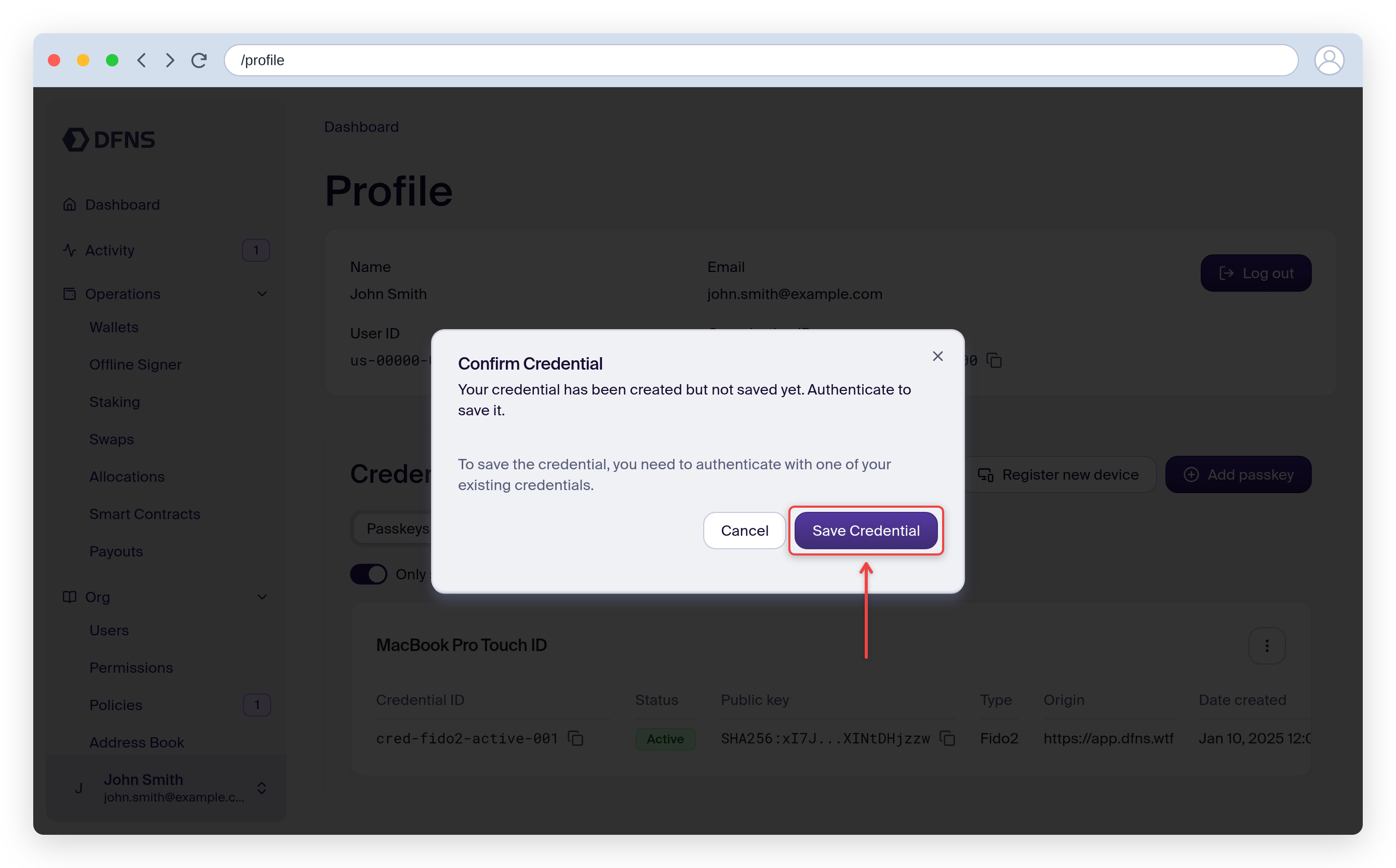 Confirm Credential dialog with the Save Credential button highlighted