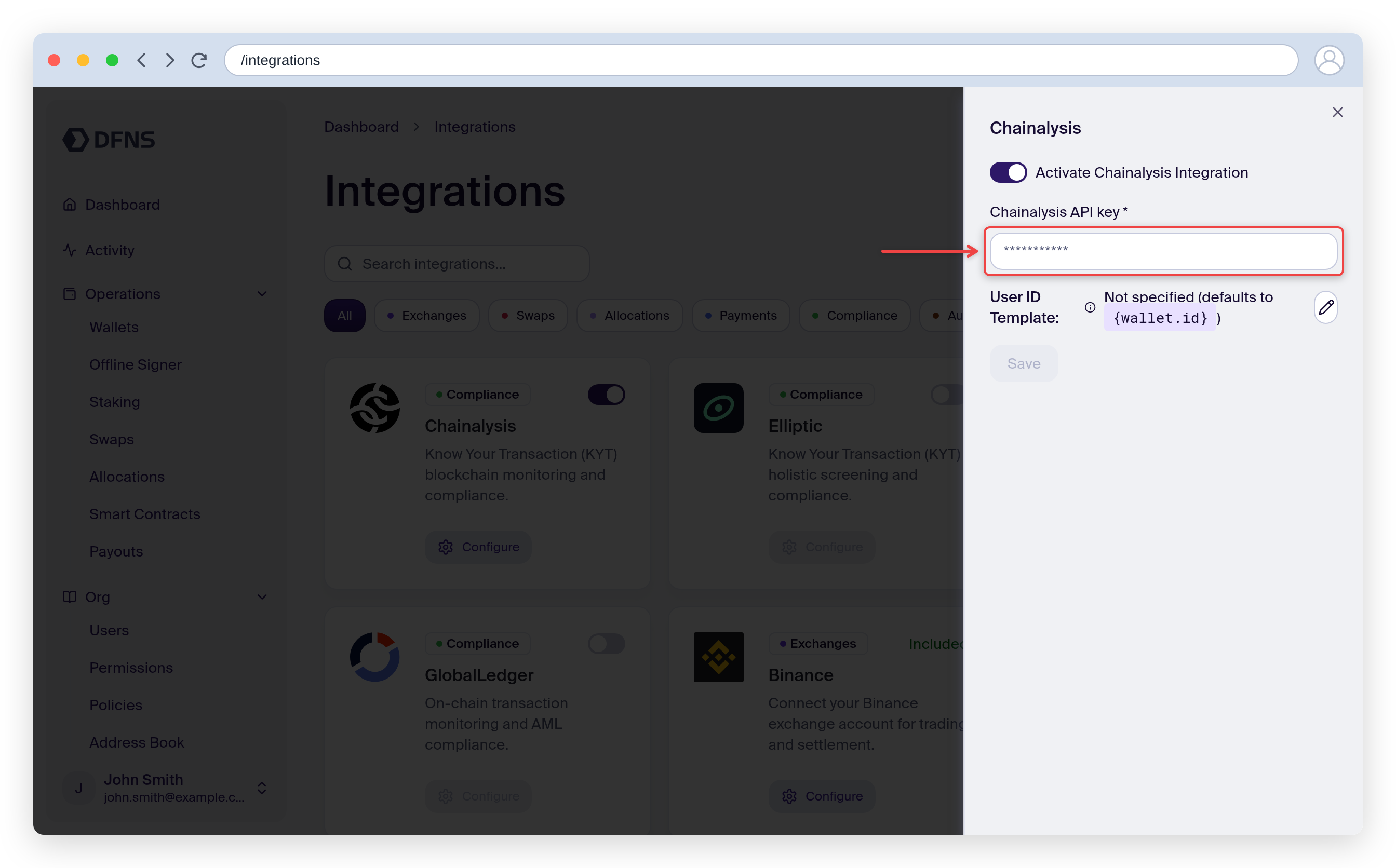 Chainalysis integration settings with the API key field