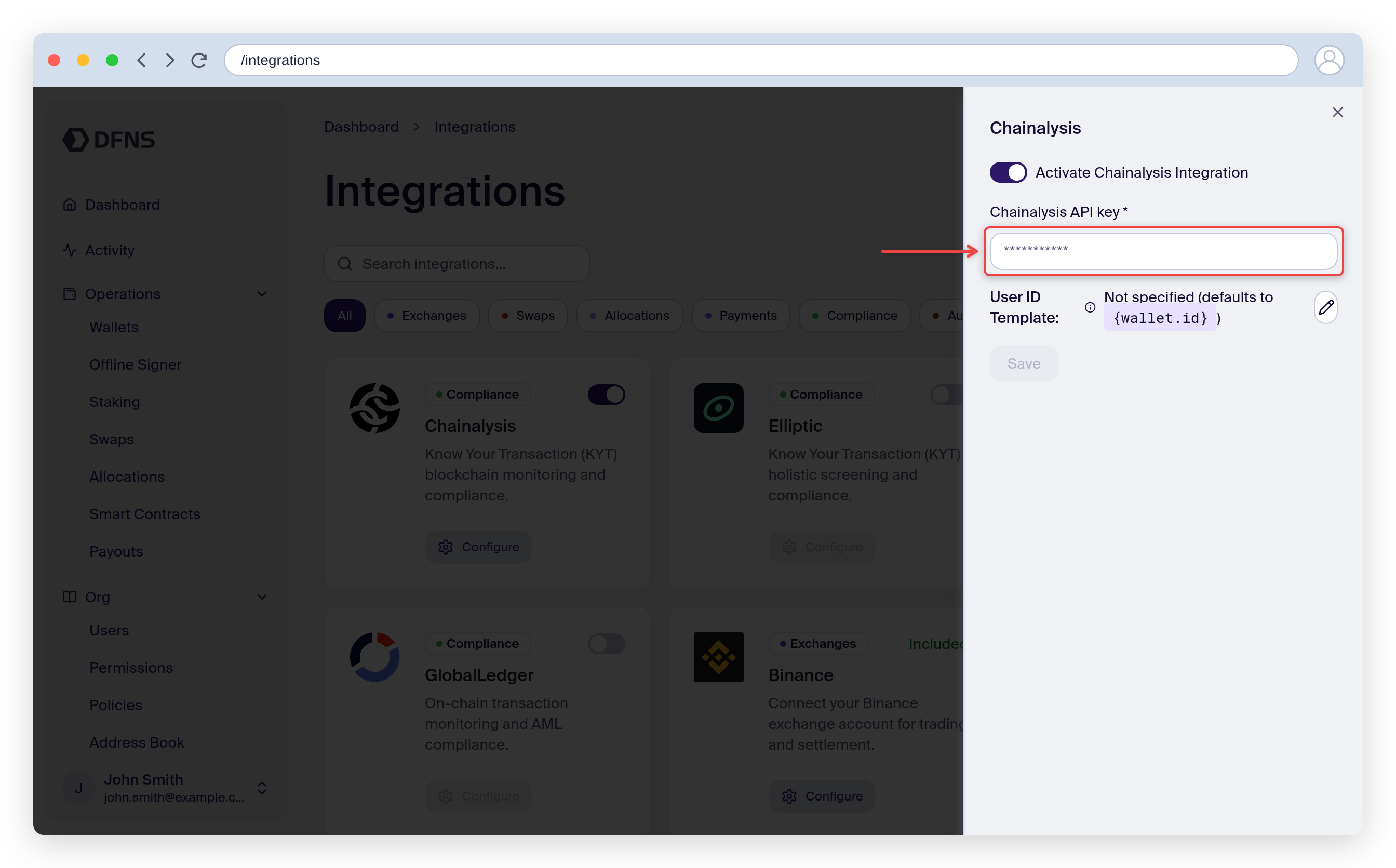 Chainalysis integration settings with the API key field