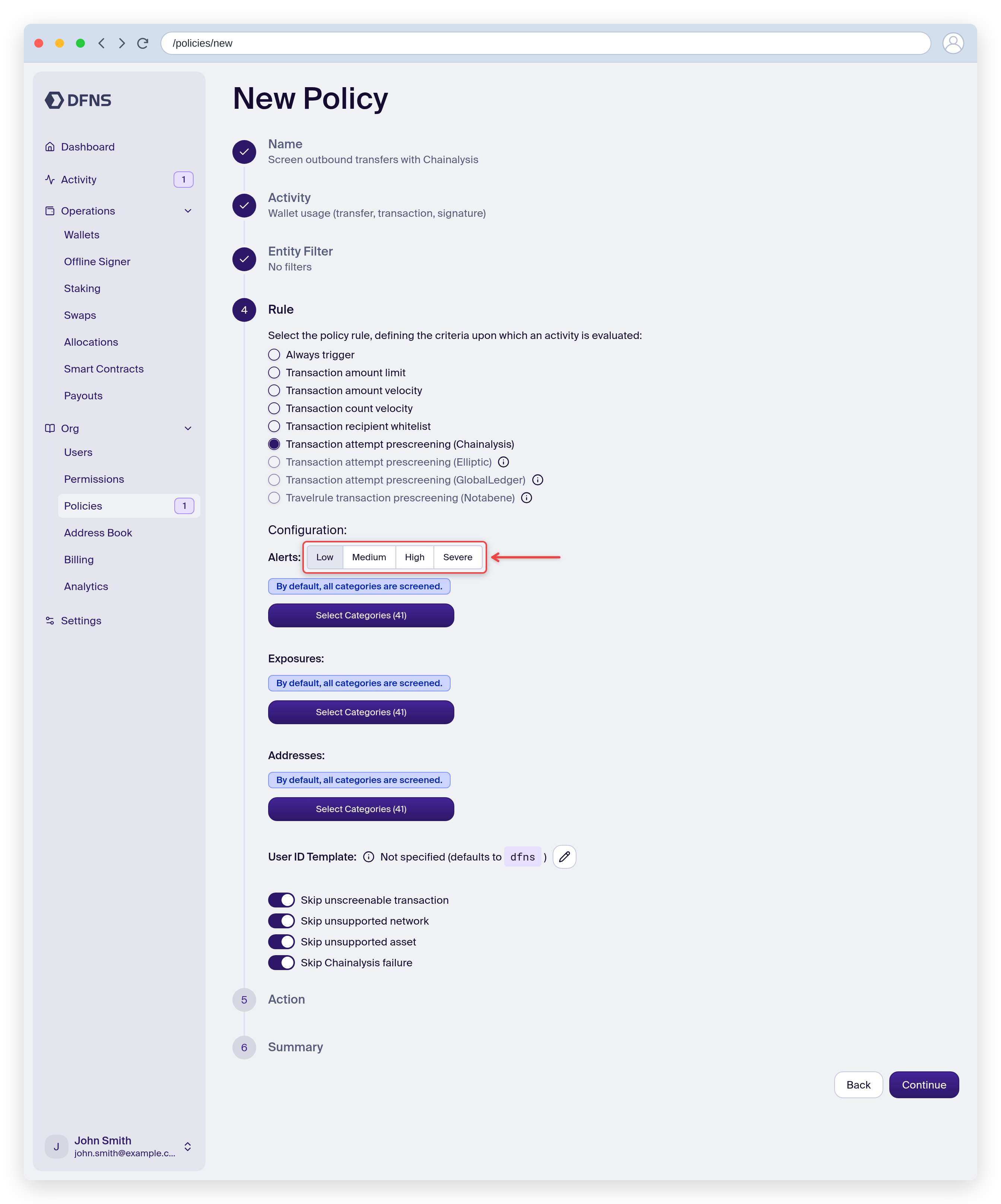 Policy rule set to Chainalysis prescreening with the alert level configuration