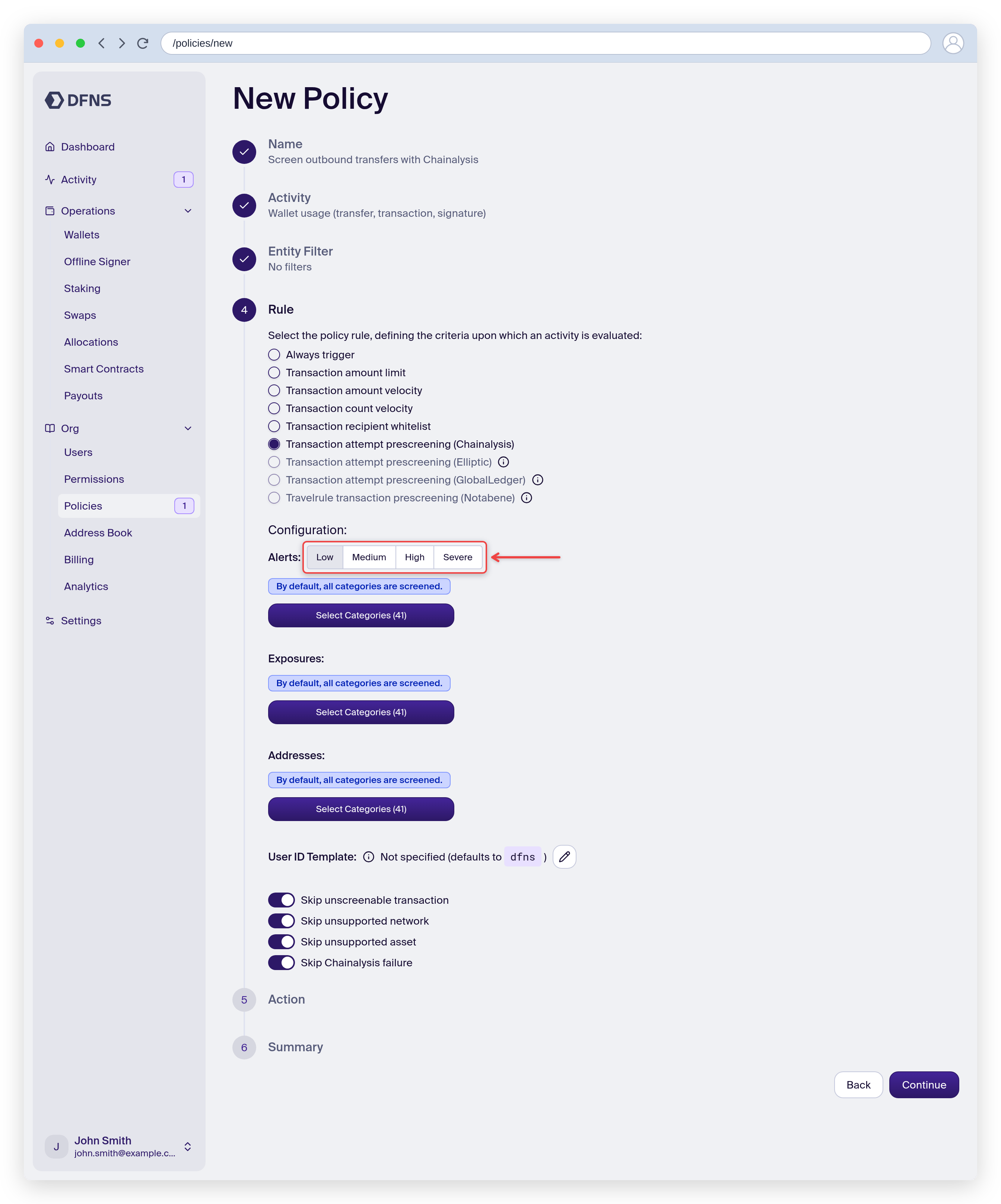 Policy rule set to Chainalysis prescreening with the alert level configuration