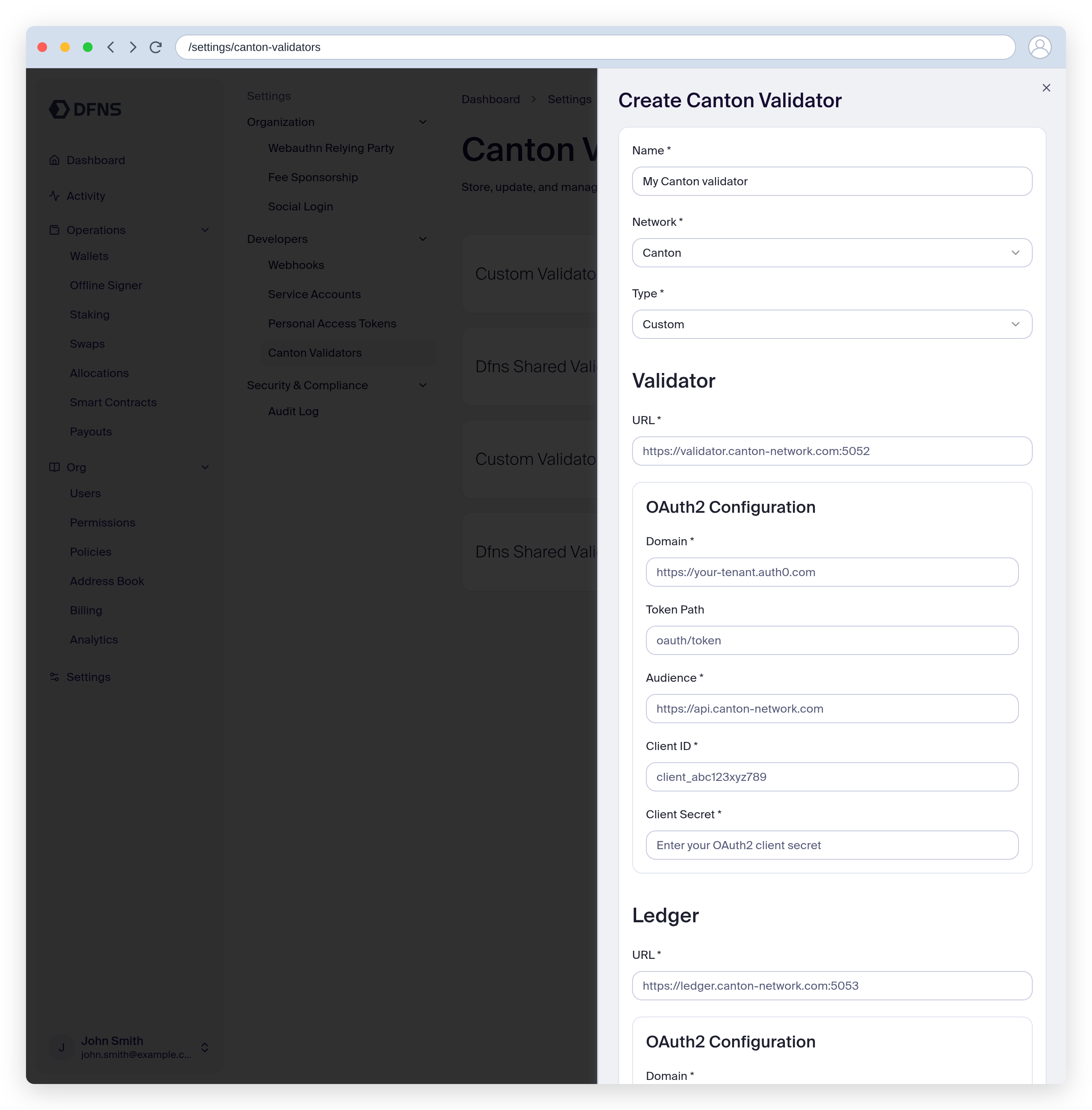 Create Canton Validator form with the Custom type, showing the validator URL and OAuth fields