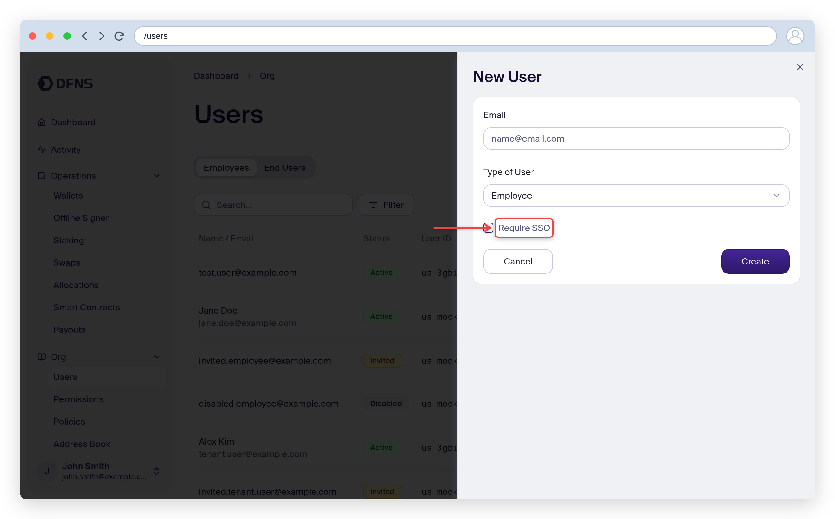 Invite user form with the Require SSO checkbox highlighted