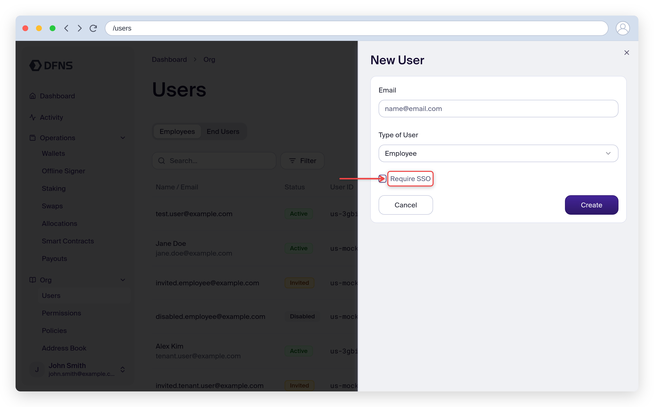 Invite user form with the Require SSO checkbox highlighted