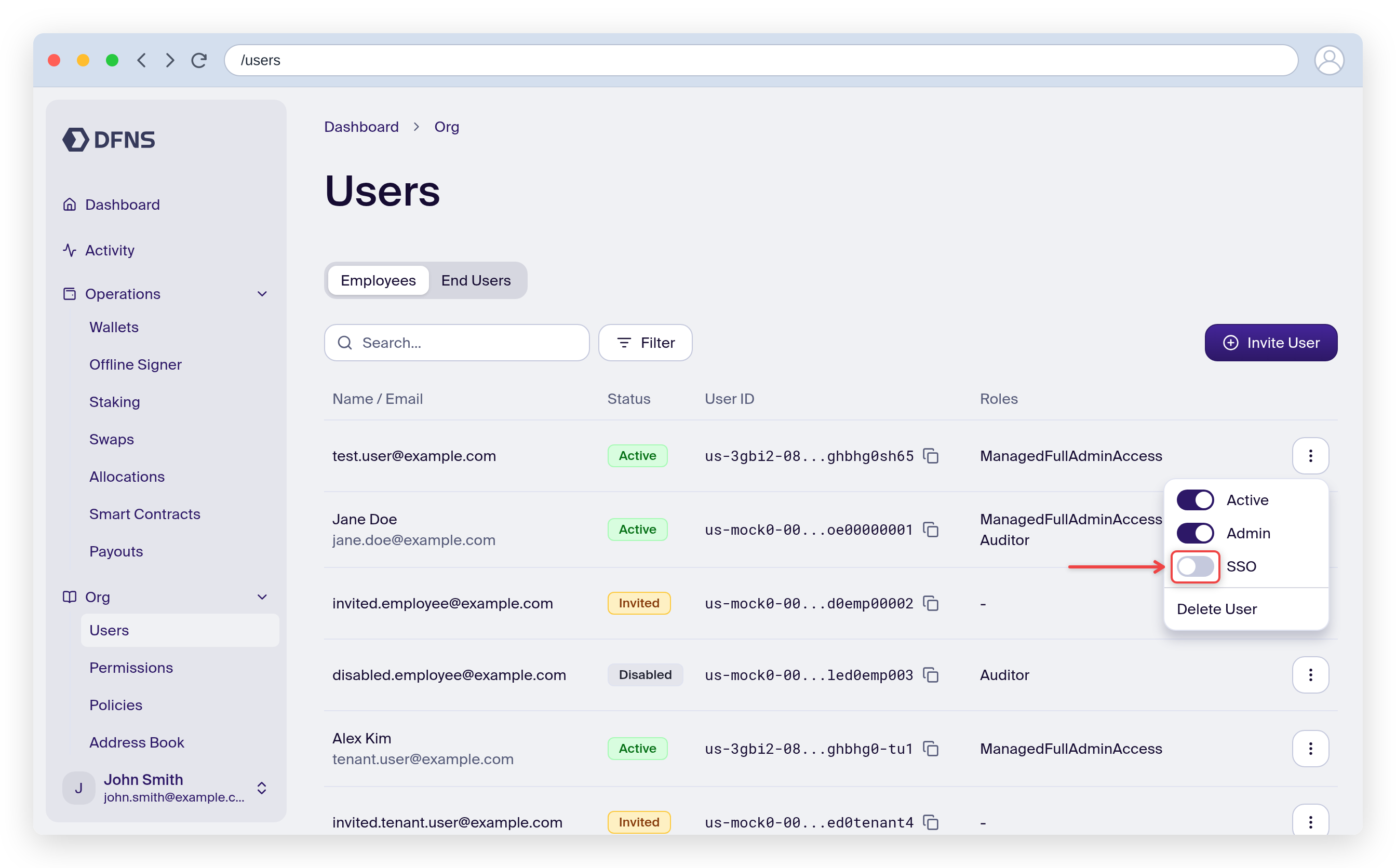 User action menu with the SSO toggle highlighted