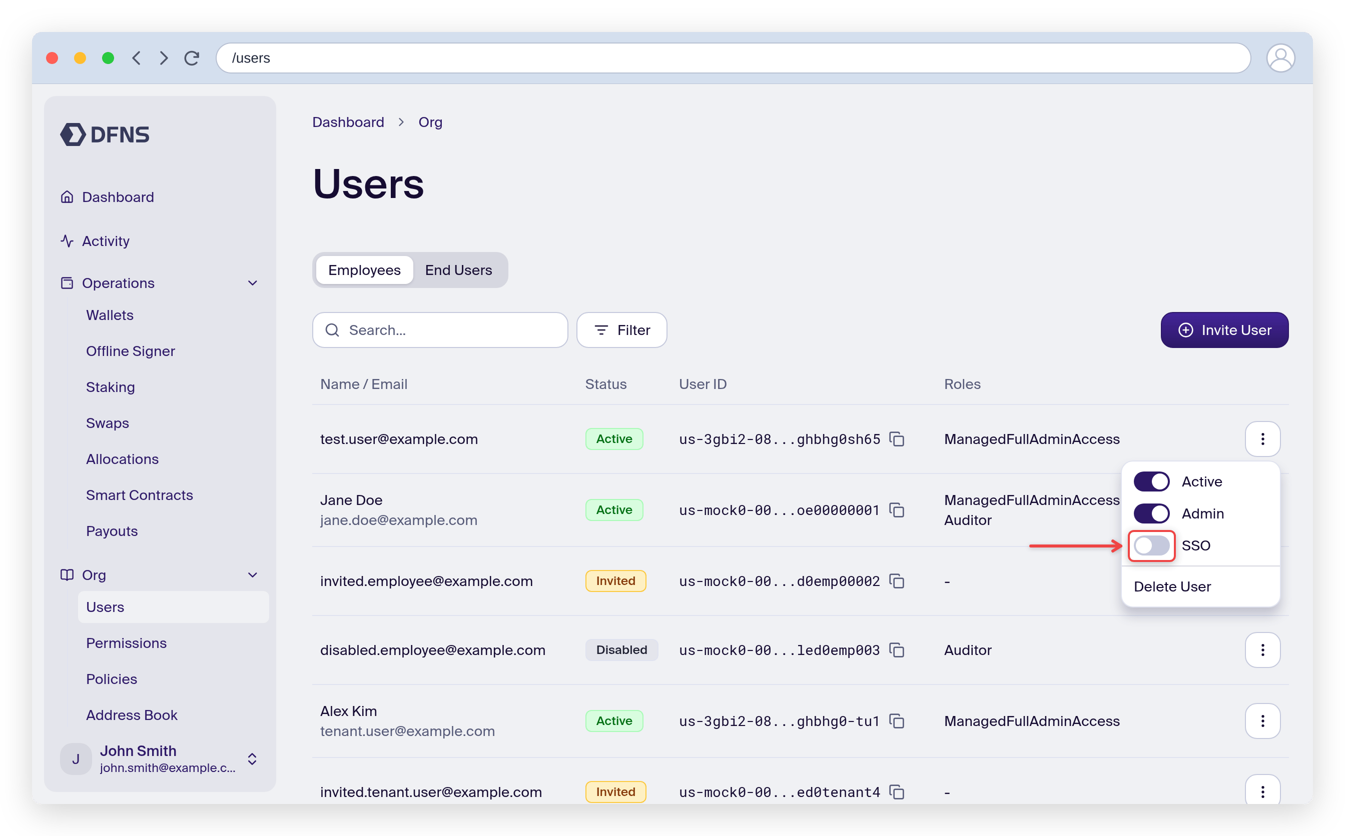 User action menu with the SSO toggle highlighted