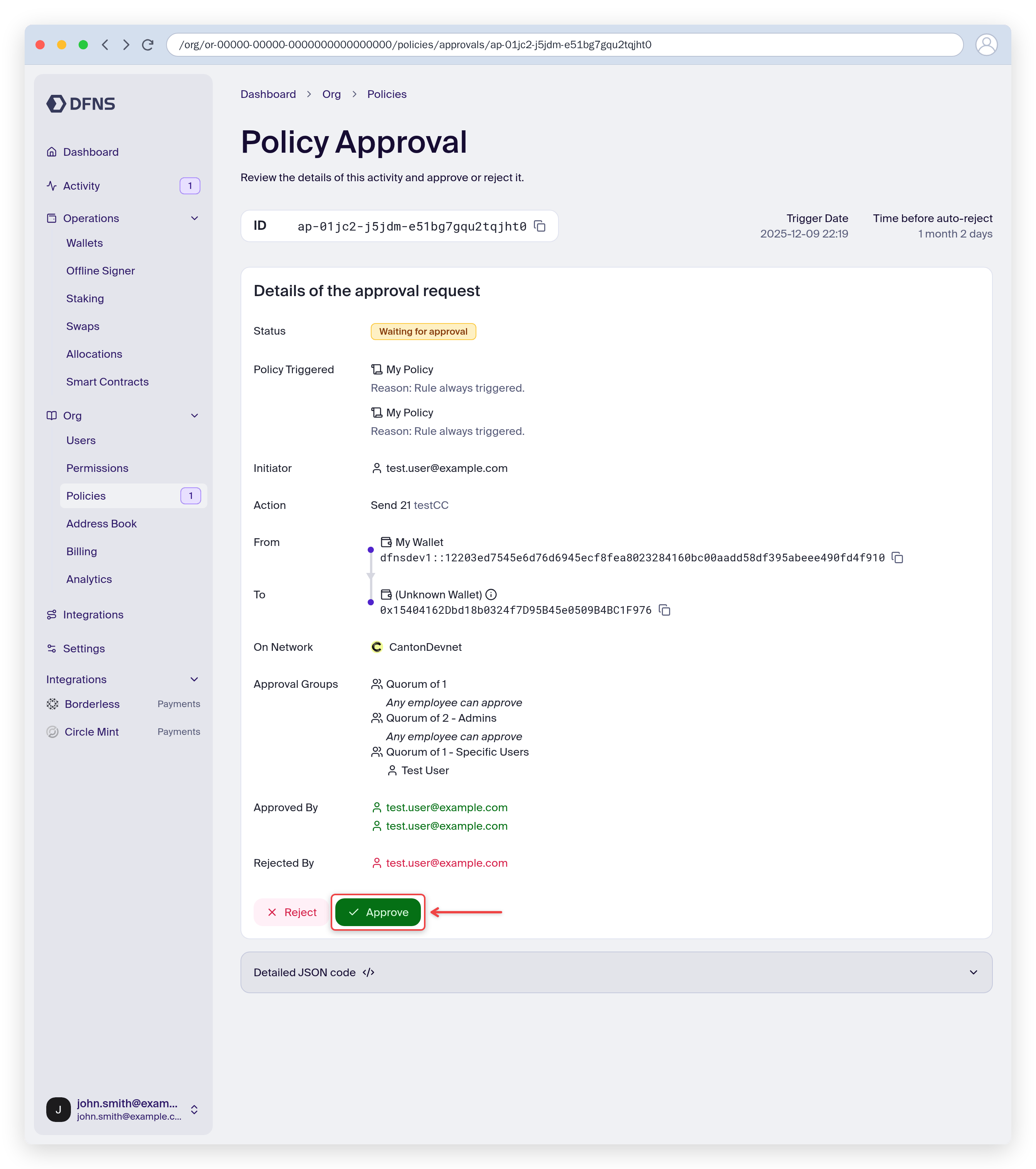 Approval detail page showing the transaction details with the Approve and Reject buttons