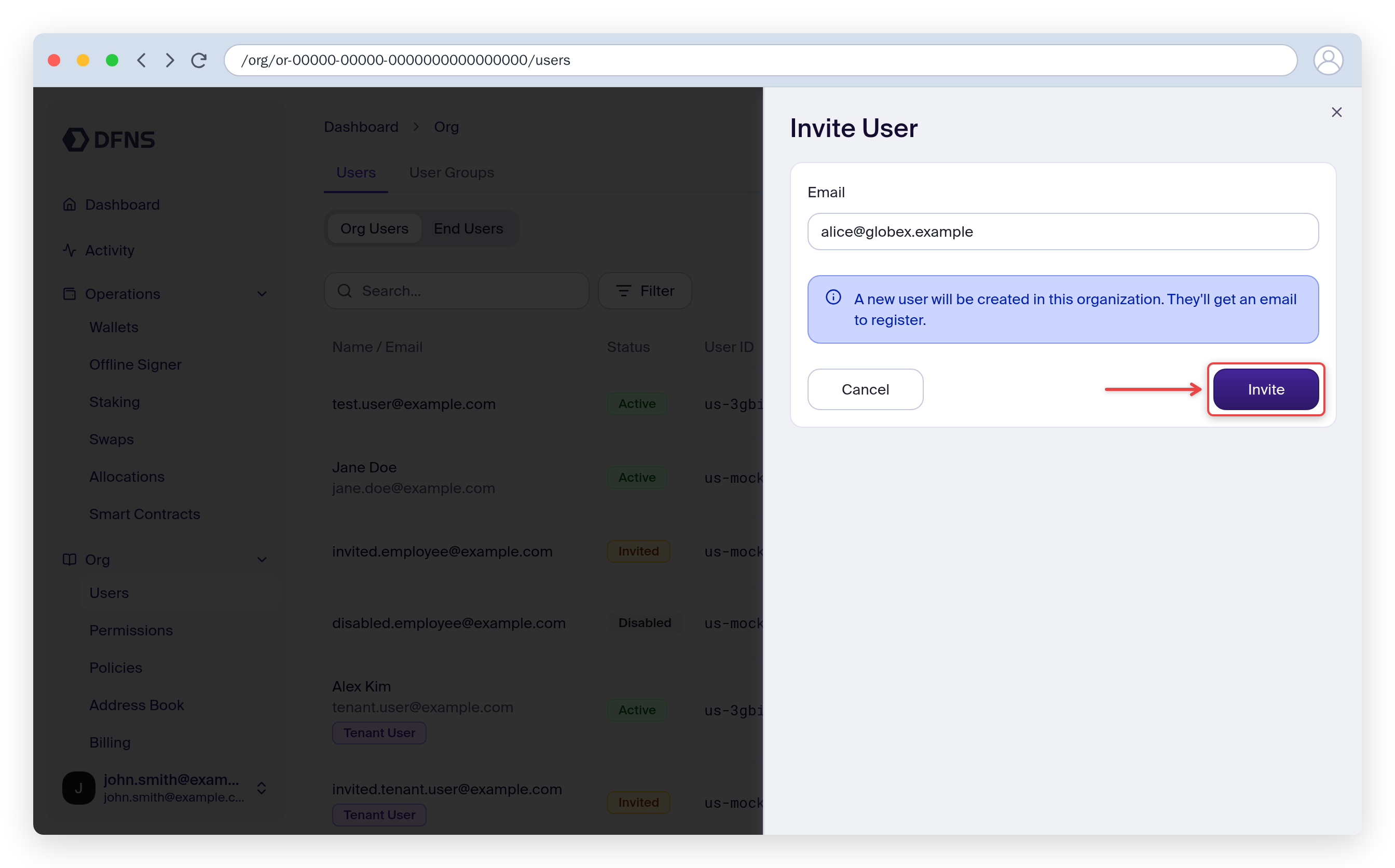 New User invite form with the email field and Create button