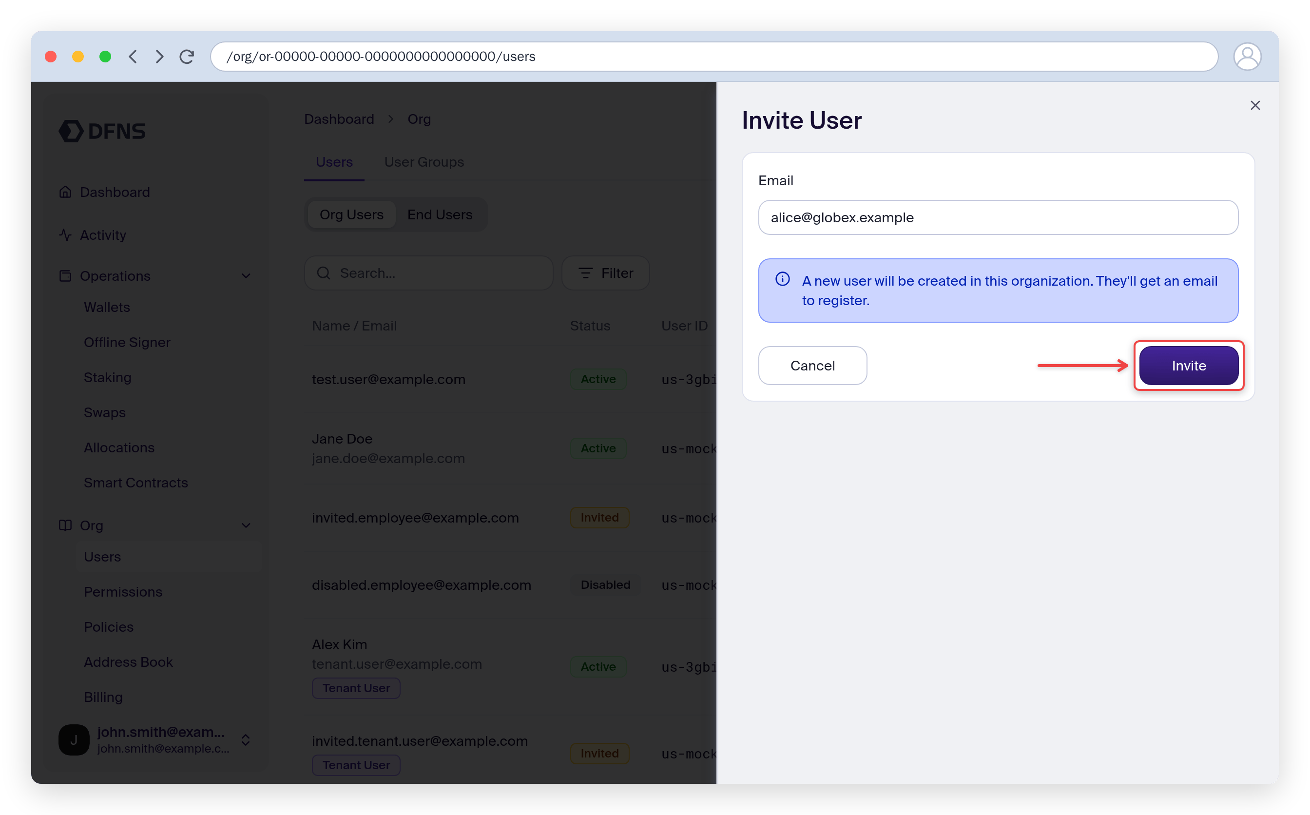 New User invite form with the email field and Create button