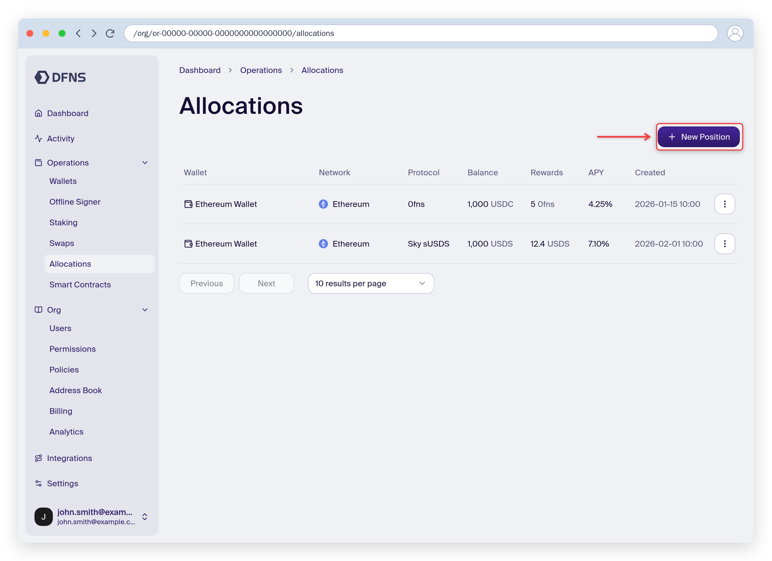 Allocations list with the Create Position button highlighted
