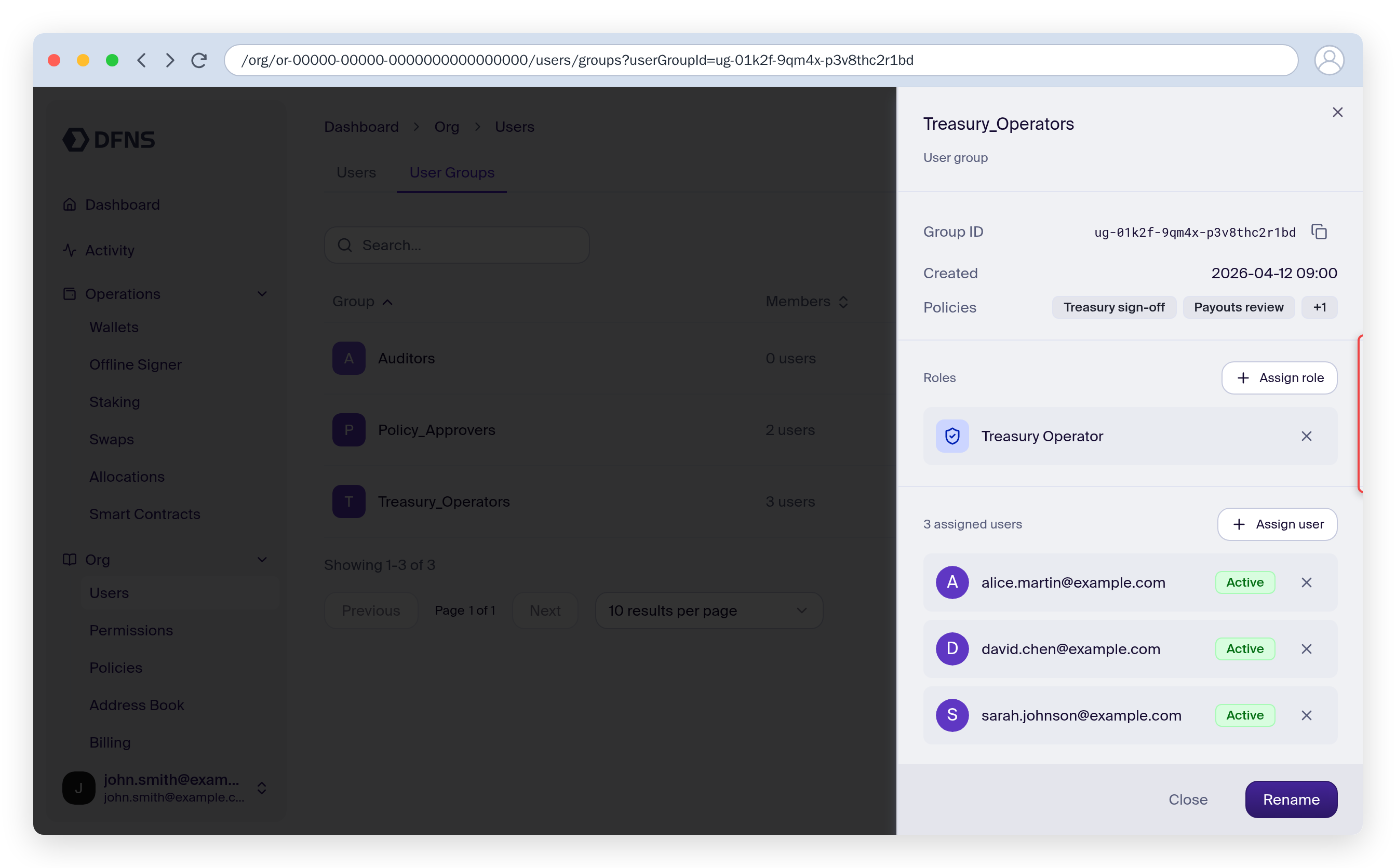 User group detail panel with the group's roles and members