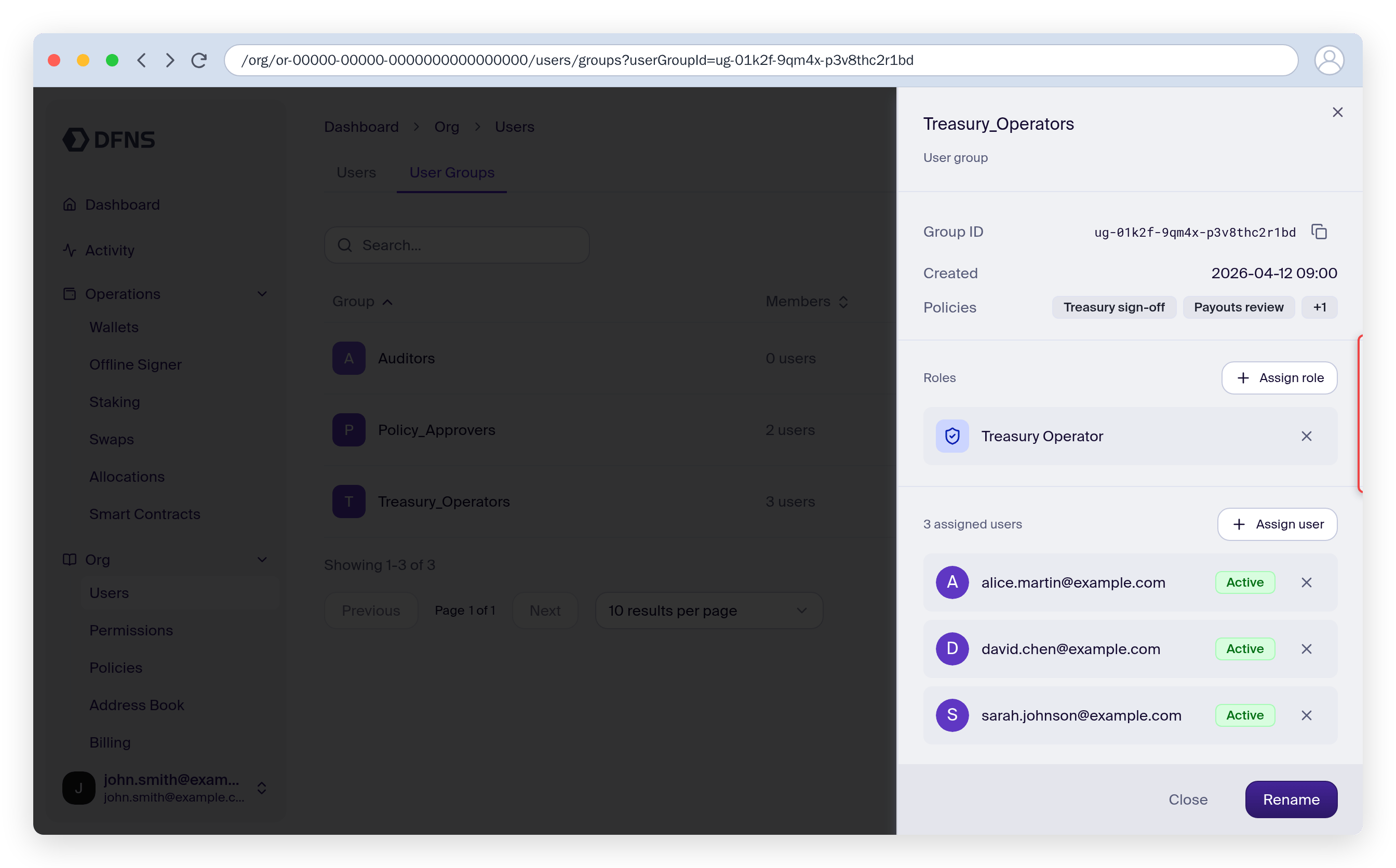 User group detail panel with the group's roles and members
