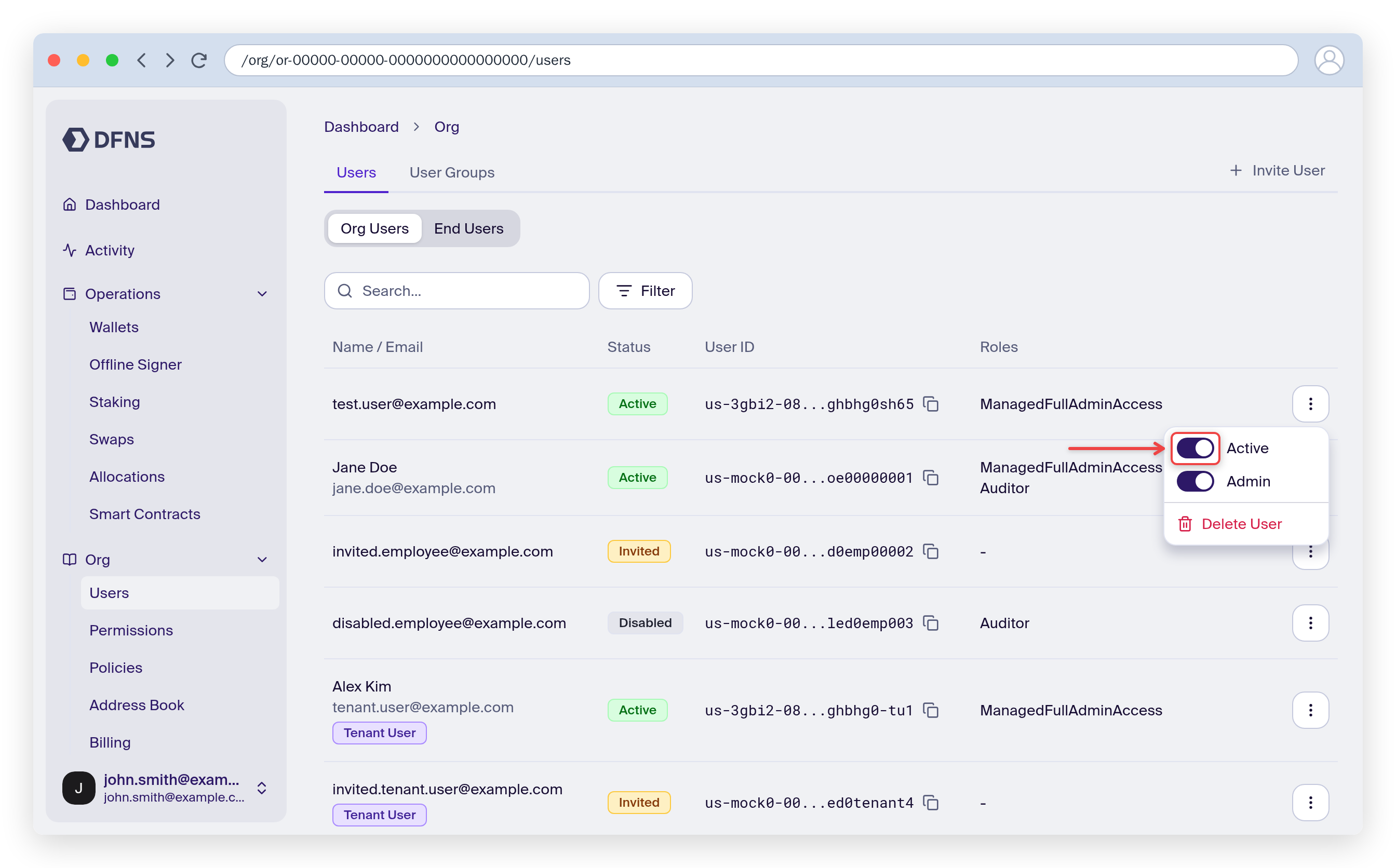 User action menu with the Active toggle highlighted