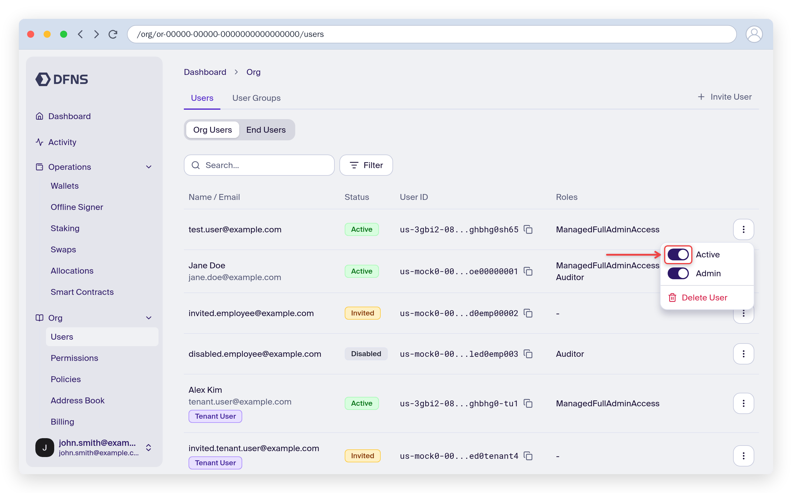 User action menu with the Active toggle highlighted