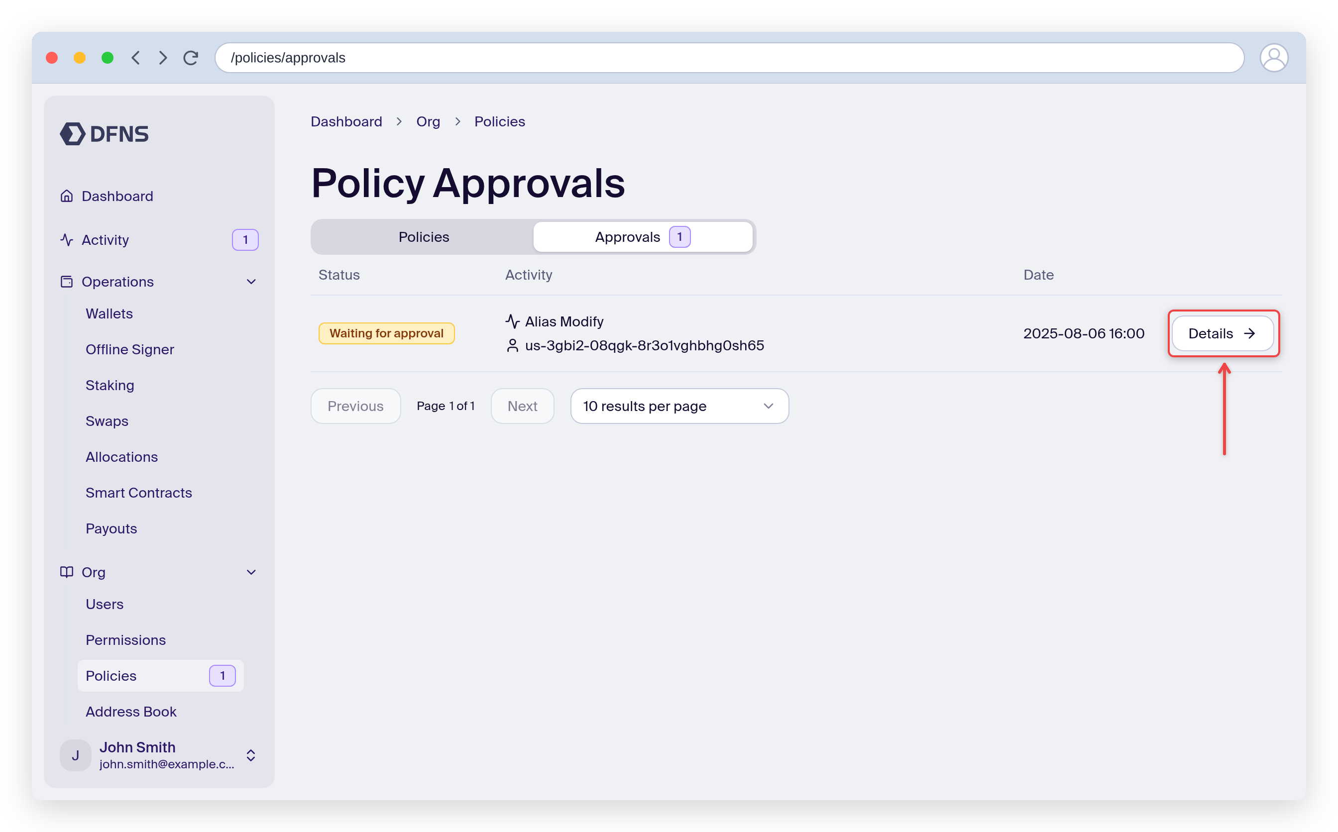 Policy Approvals list with a pending request and the Details link highlighted