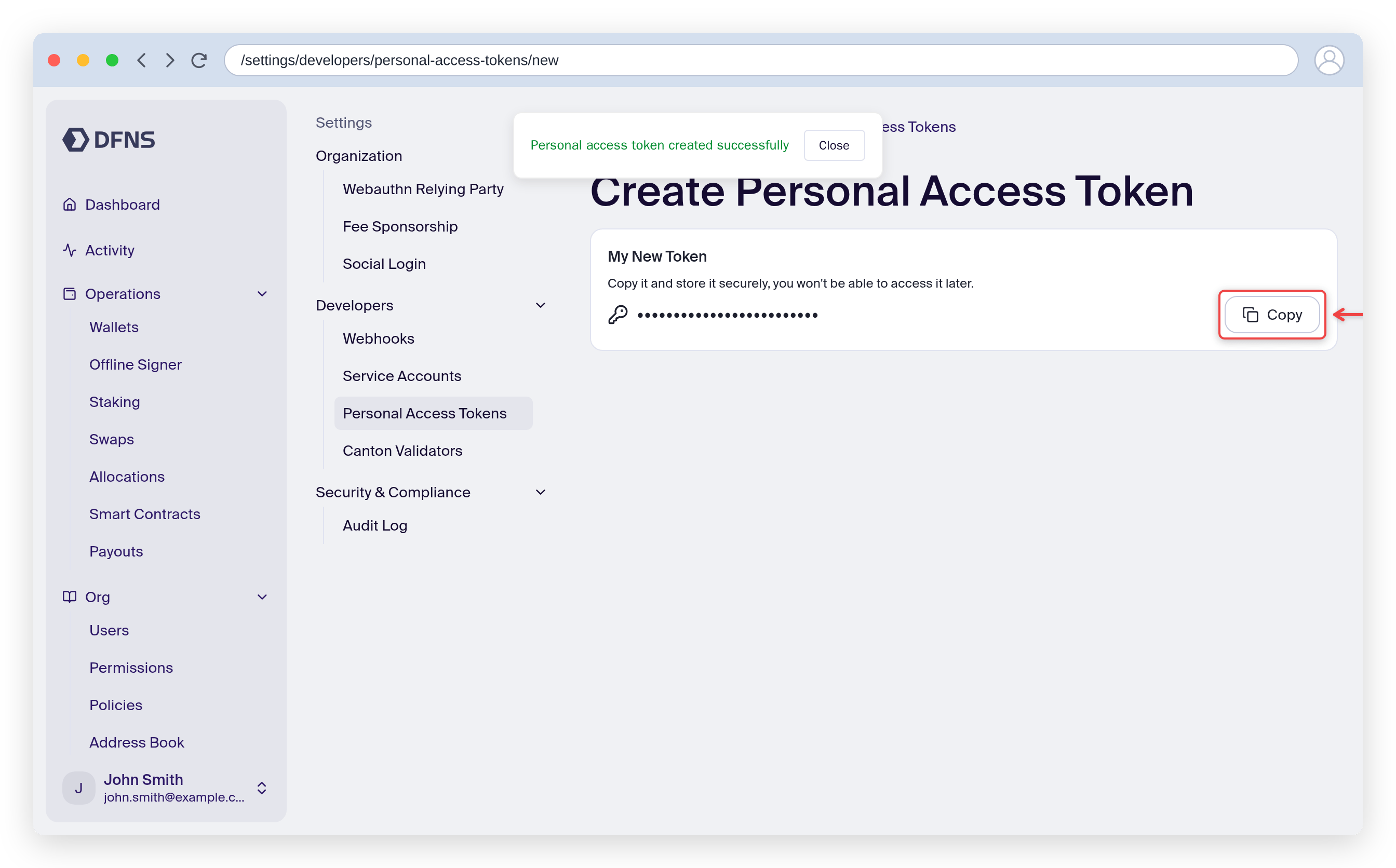 Personal access token creation showing the one-time token with a Copy button