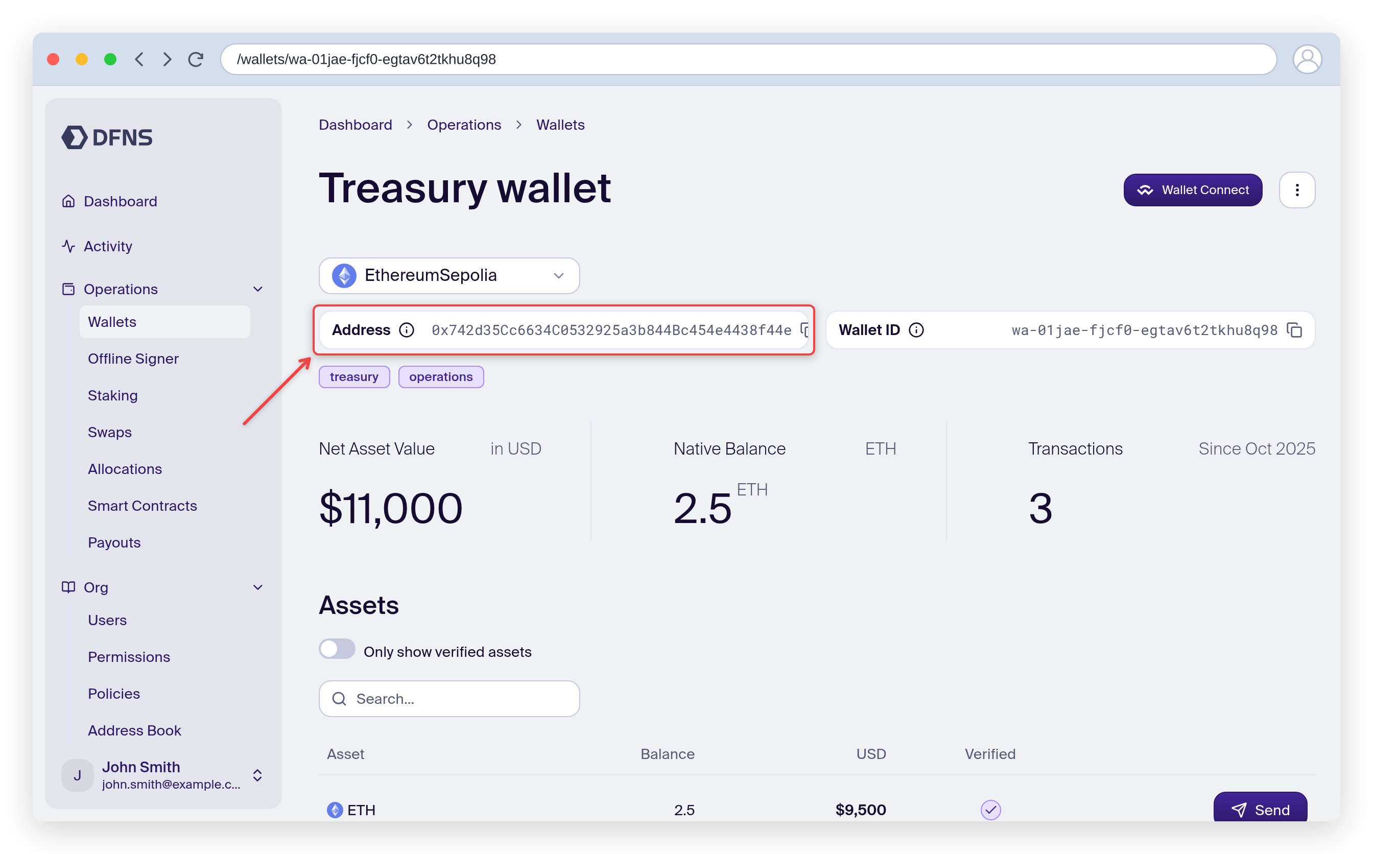 Wallet detail page showing the address, balances and assets