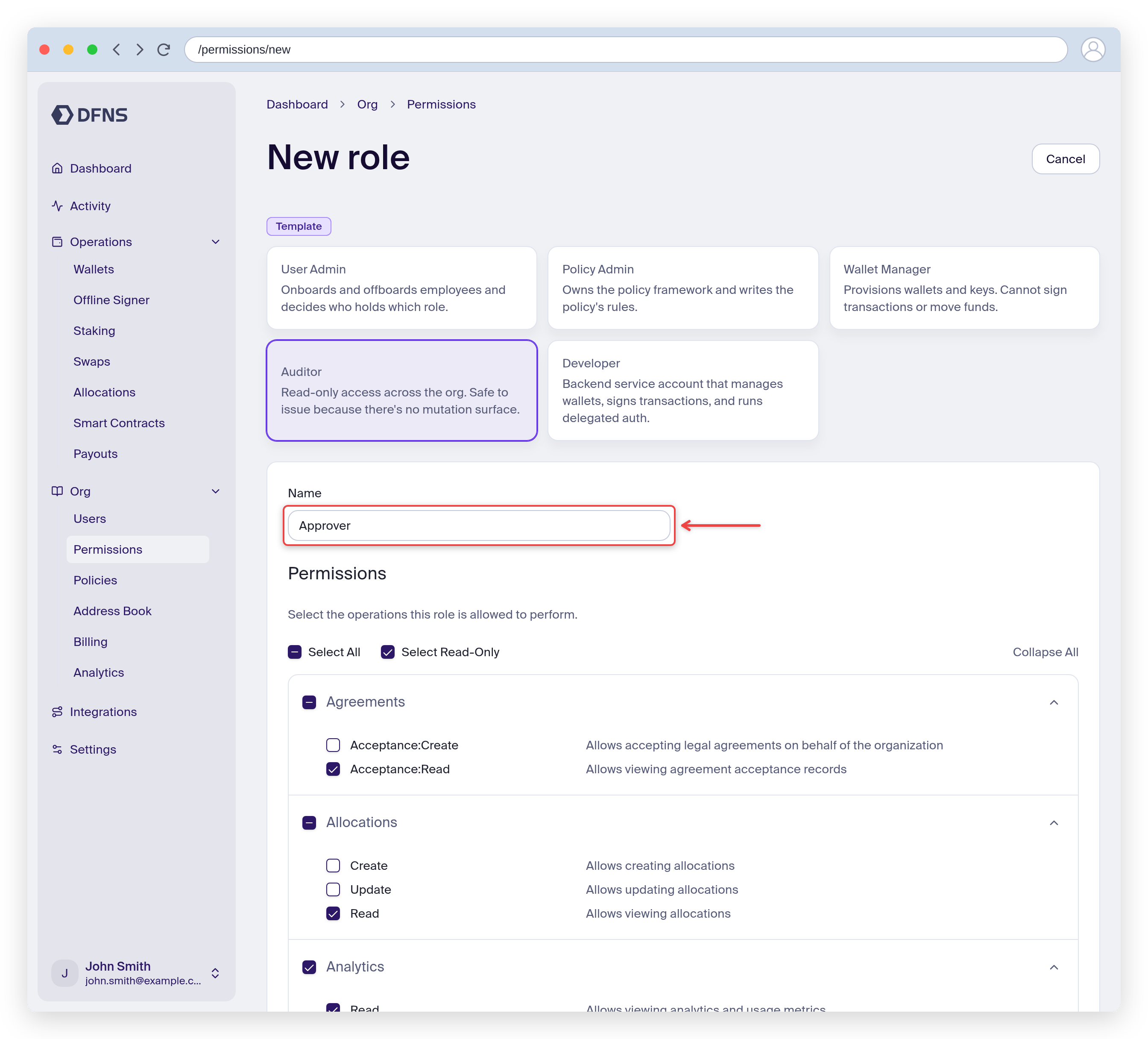 New role form named Approver with read-only permissions selected