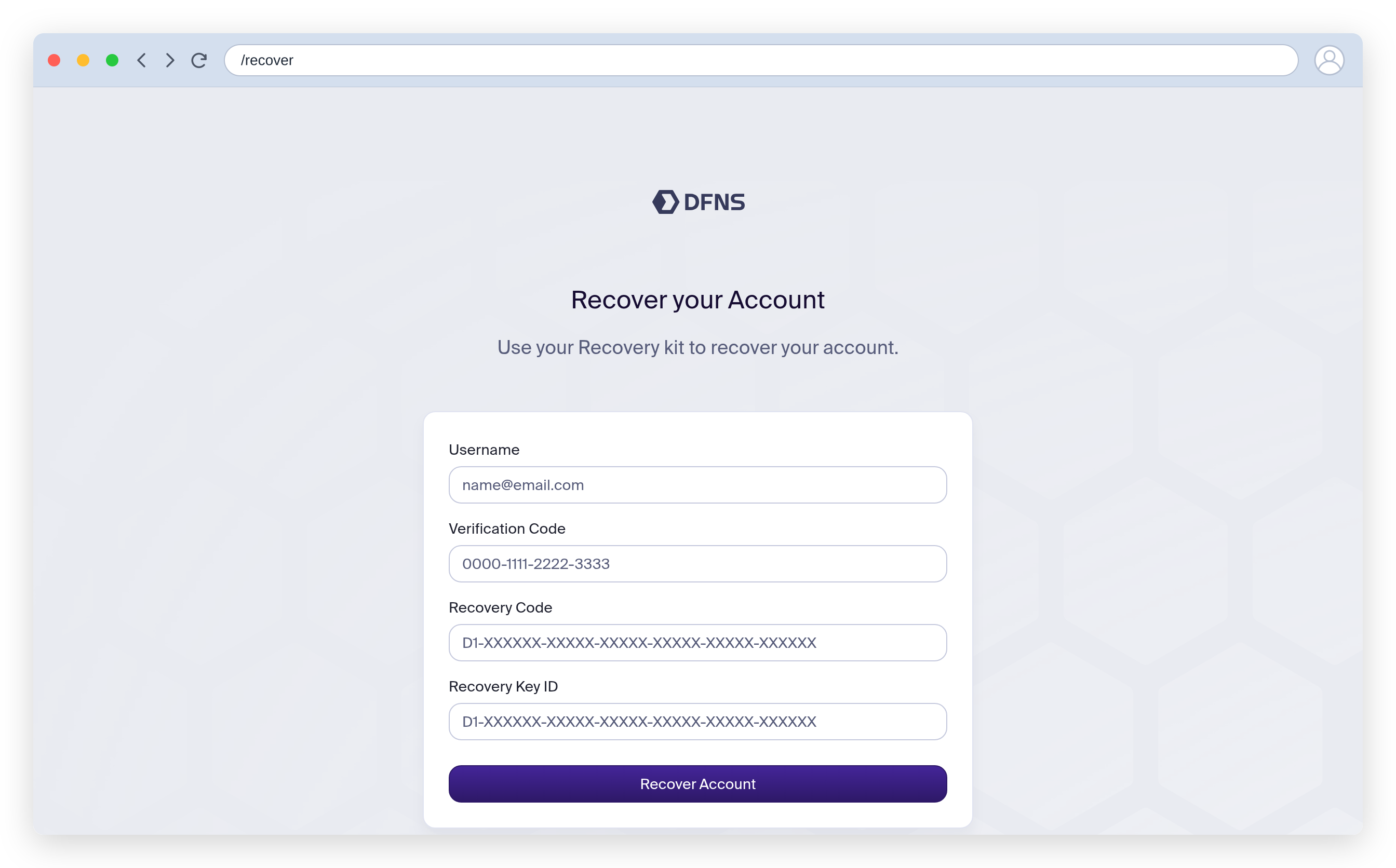 Recovery form with verification code, recovery code and recovery key ID fields
