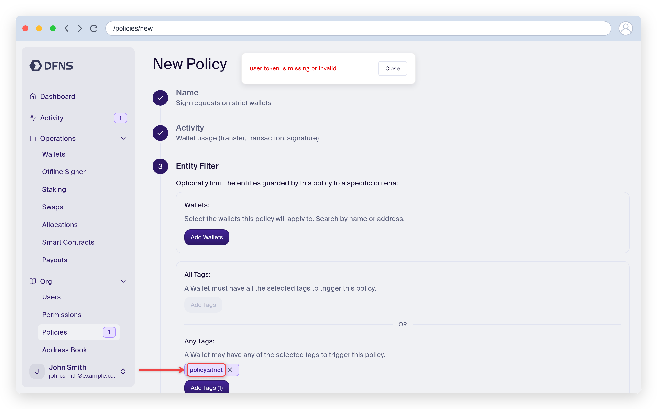 Policy wizard Entity Filter step with the policy:strict tag under Any Tags