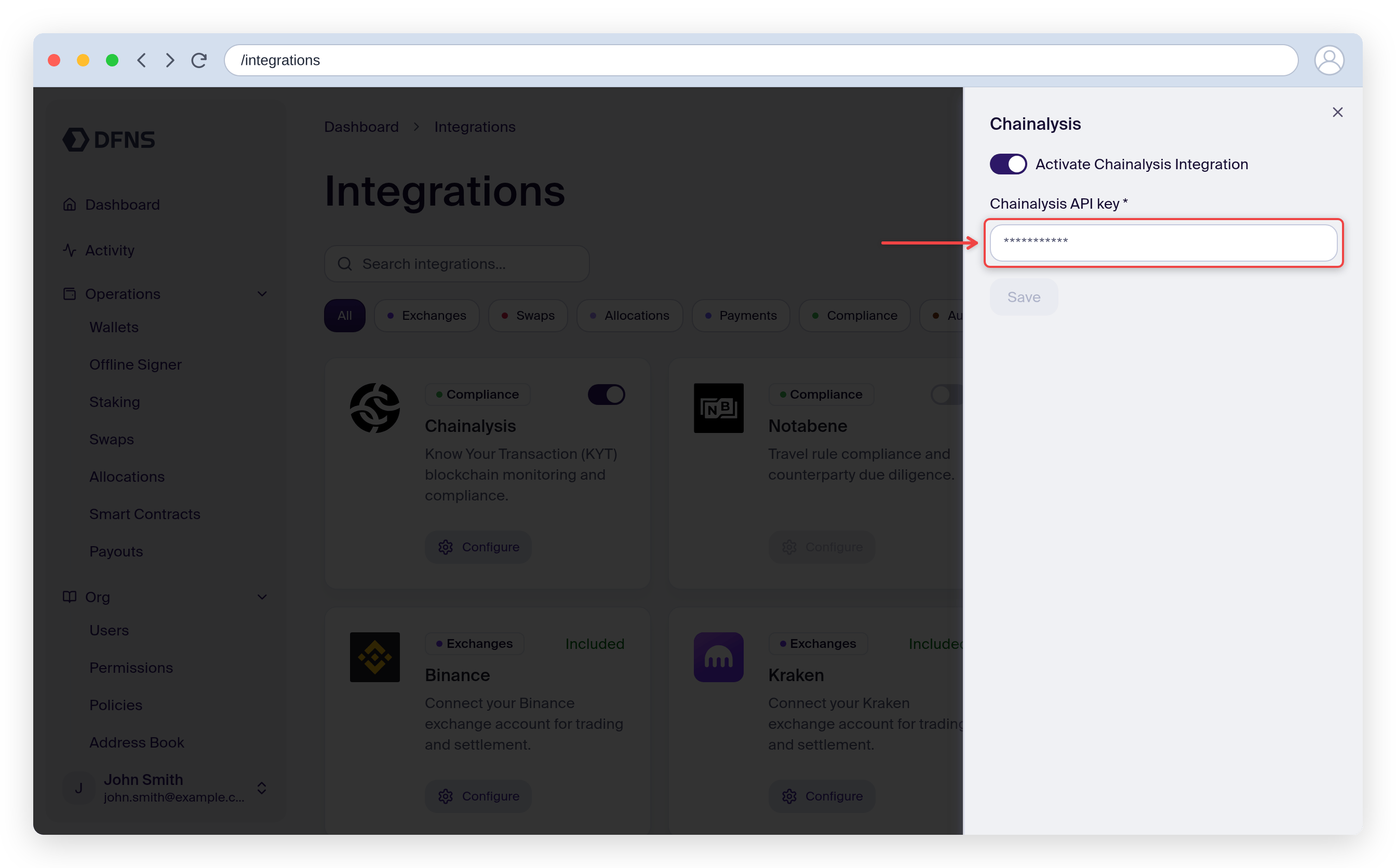 Chainalysis integration settings with the API key field