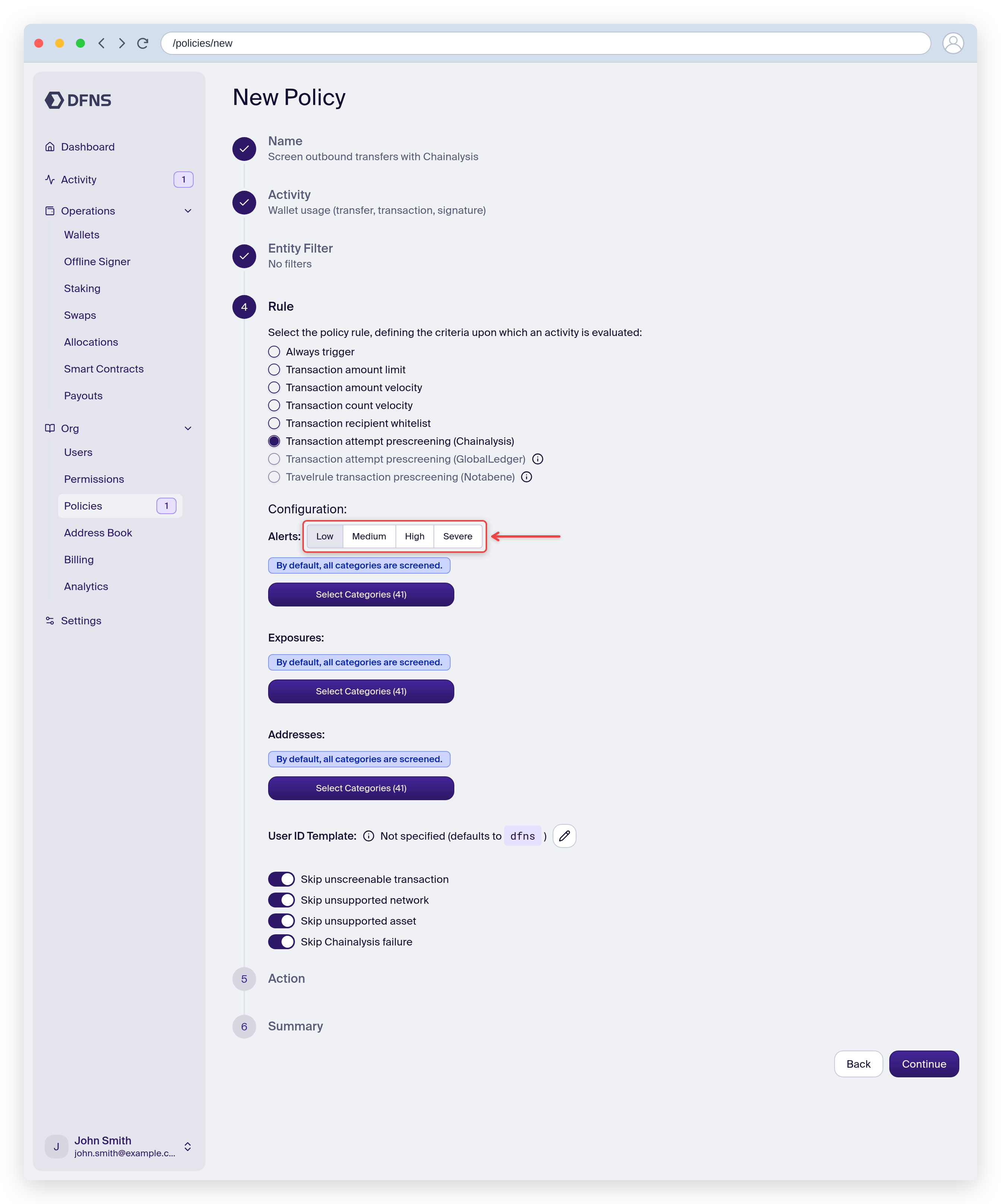Policy rule set to Chainalysis prescreening with the alert level configuration