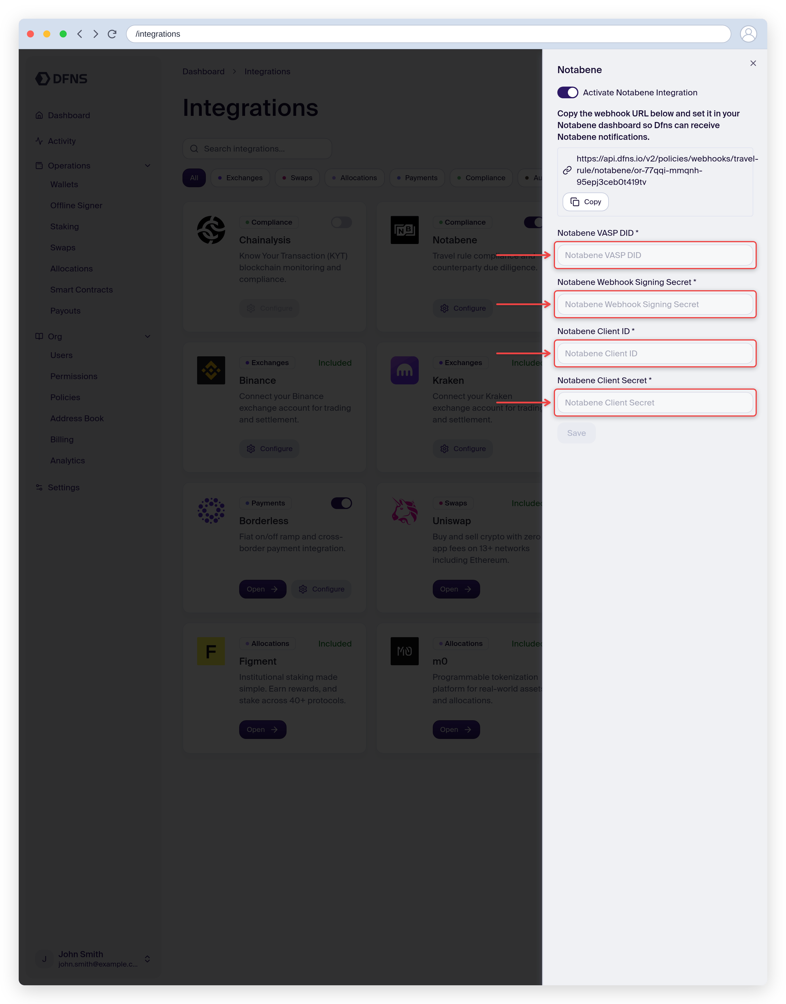 Notabene Travel Rule integration settings with the VASP DID and credential fields