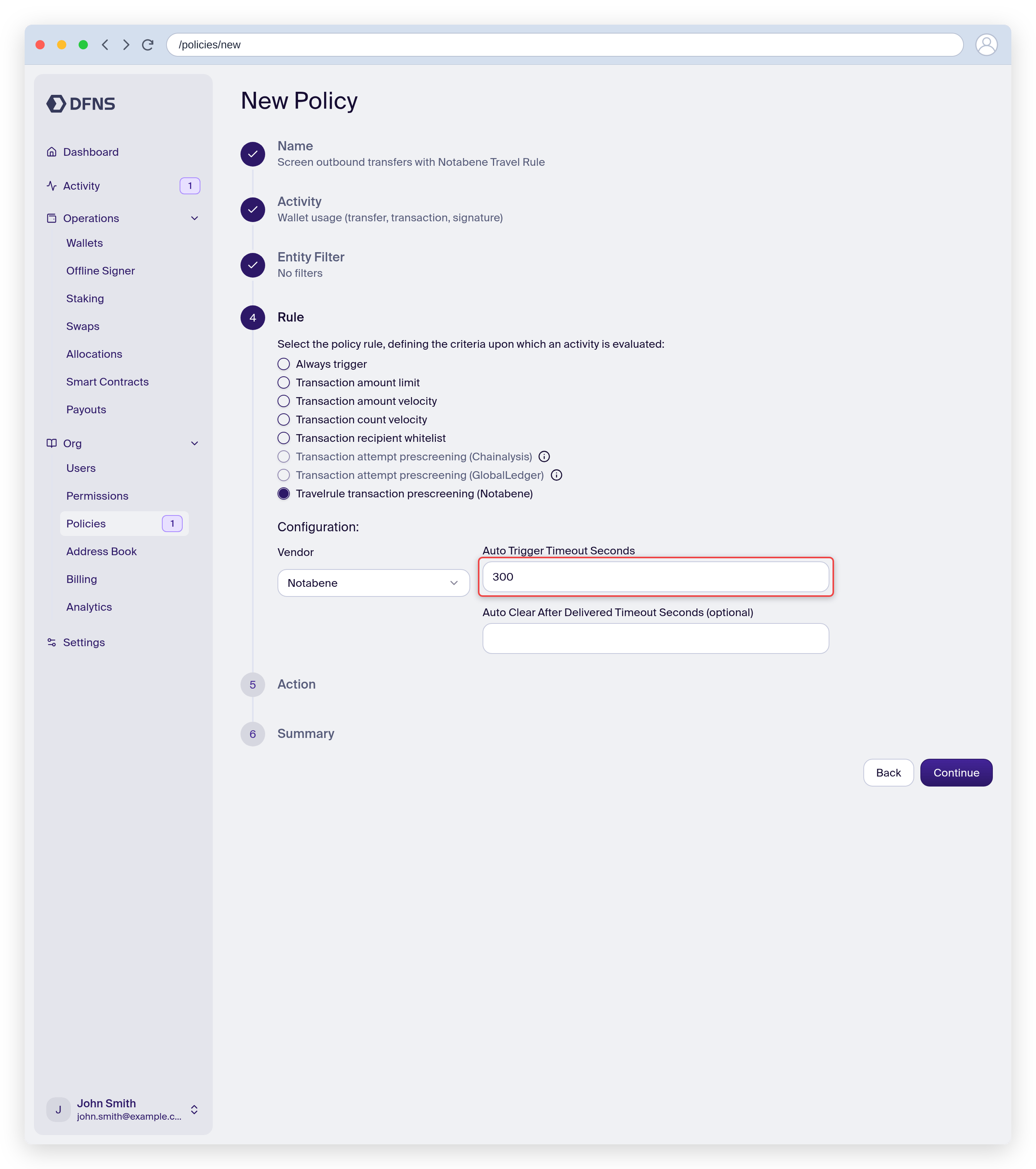 Policy wizard with the Notabene Travel Rule prescreening rule selected