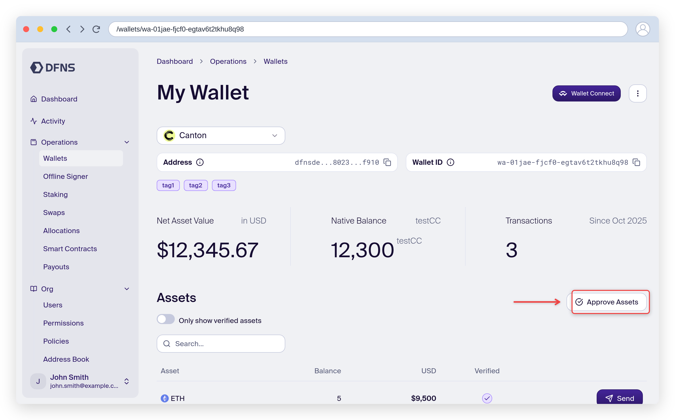 Canton wallet page with the Approve Assets button highlighted