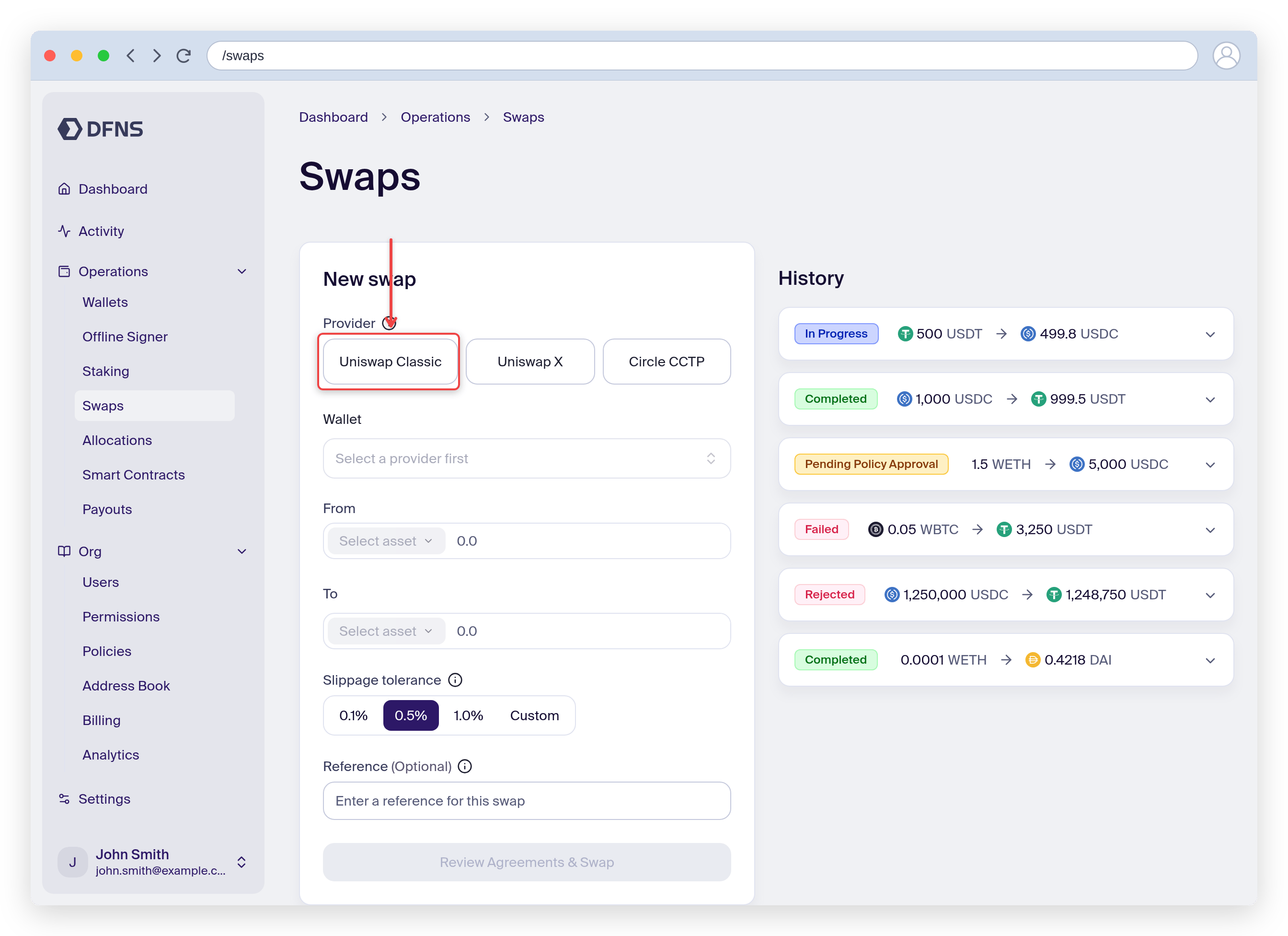 New swap form with the provider selector