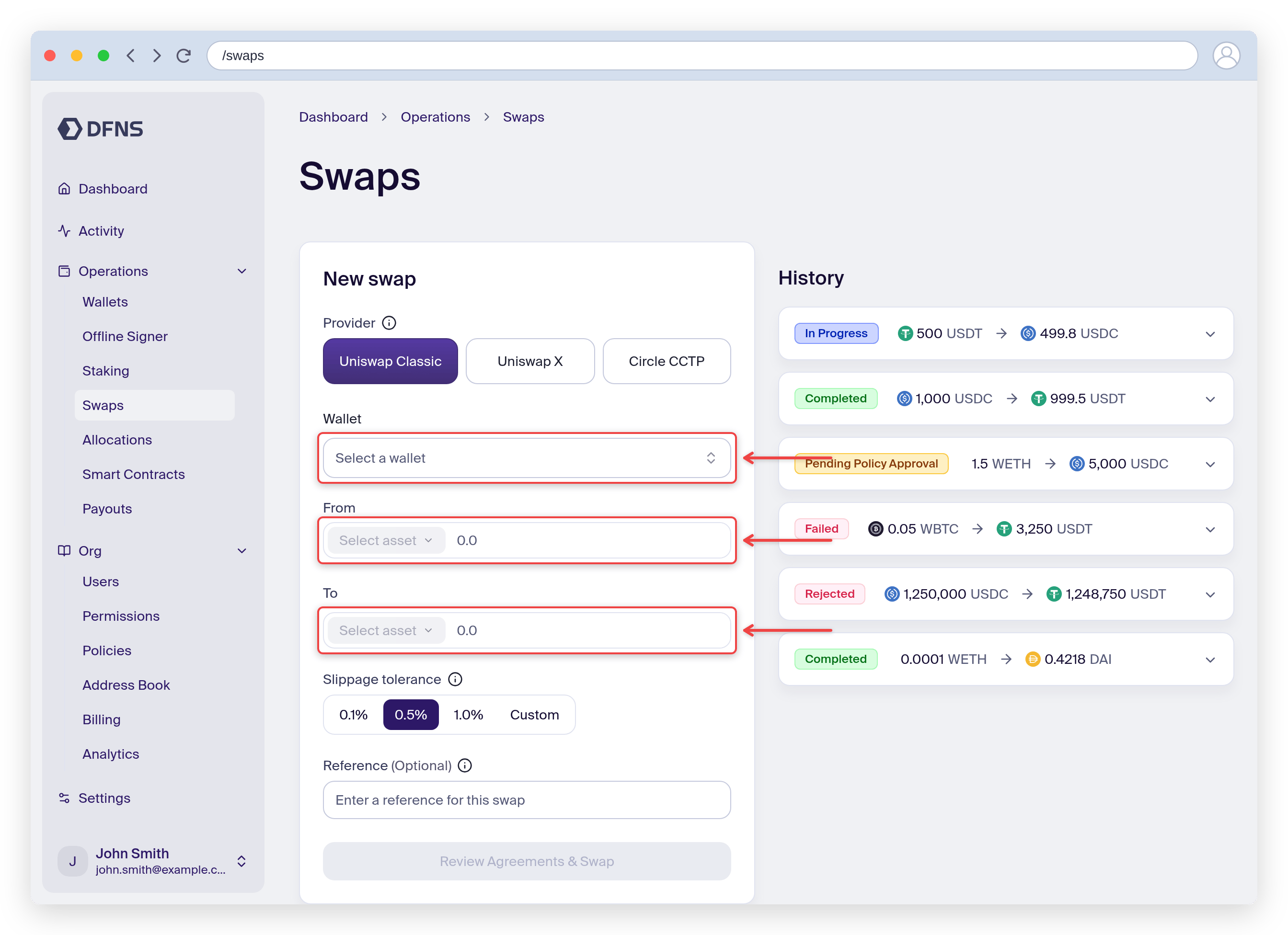 Swap form with the funding wallet selector