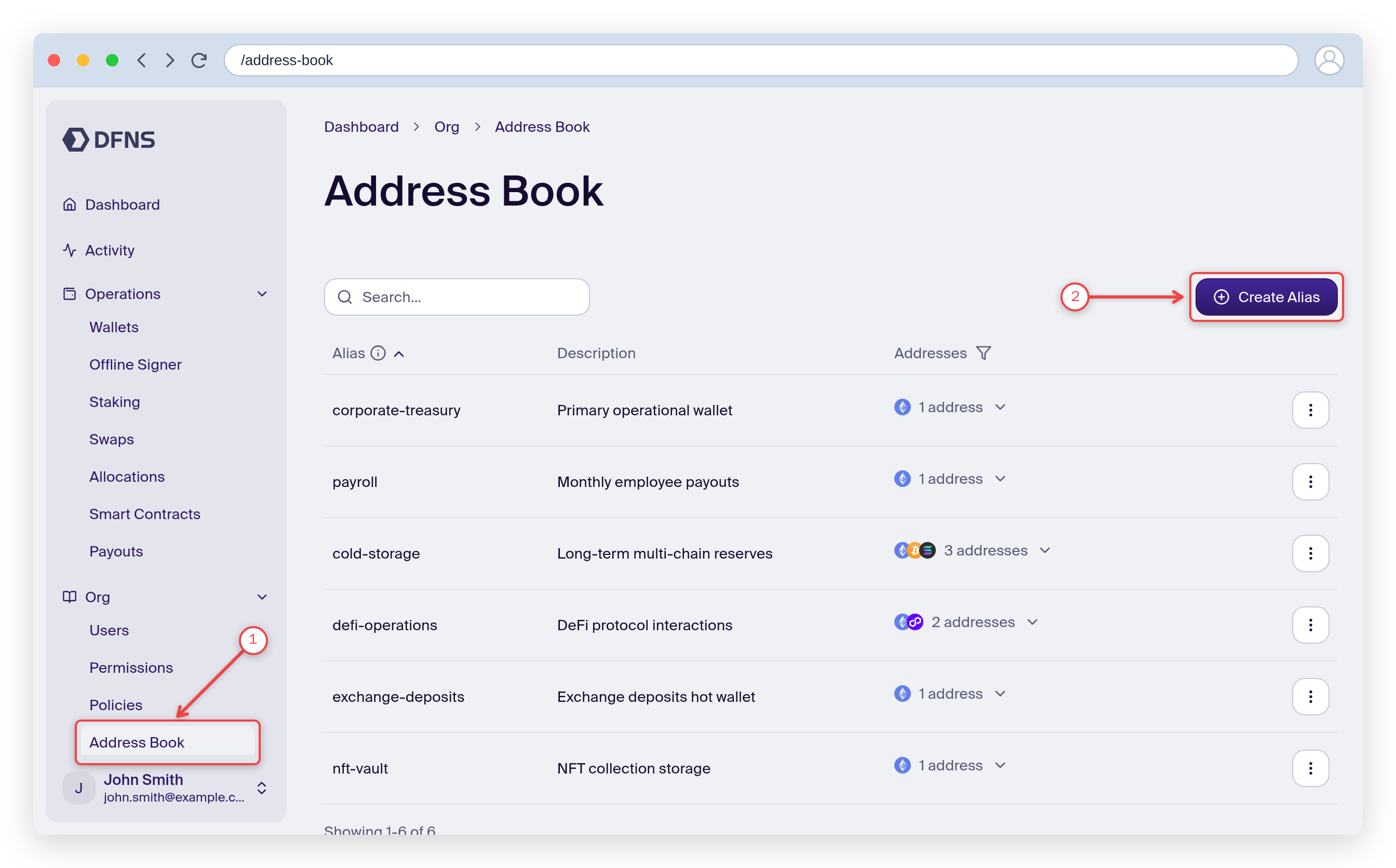 Address Book page with the sidebar entry and the Create Alias button highlighted