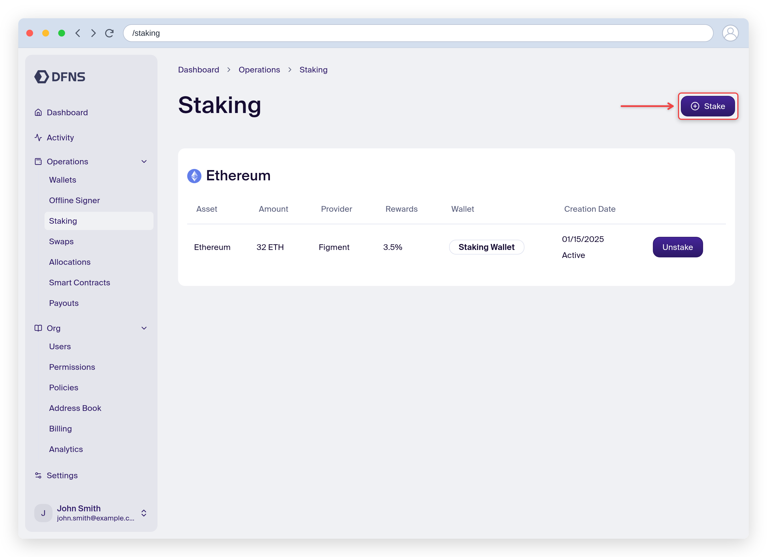 Staking positions list with the Stake button highlighted