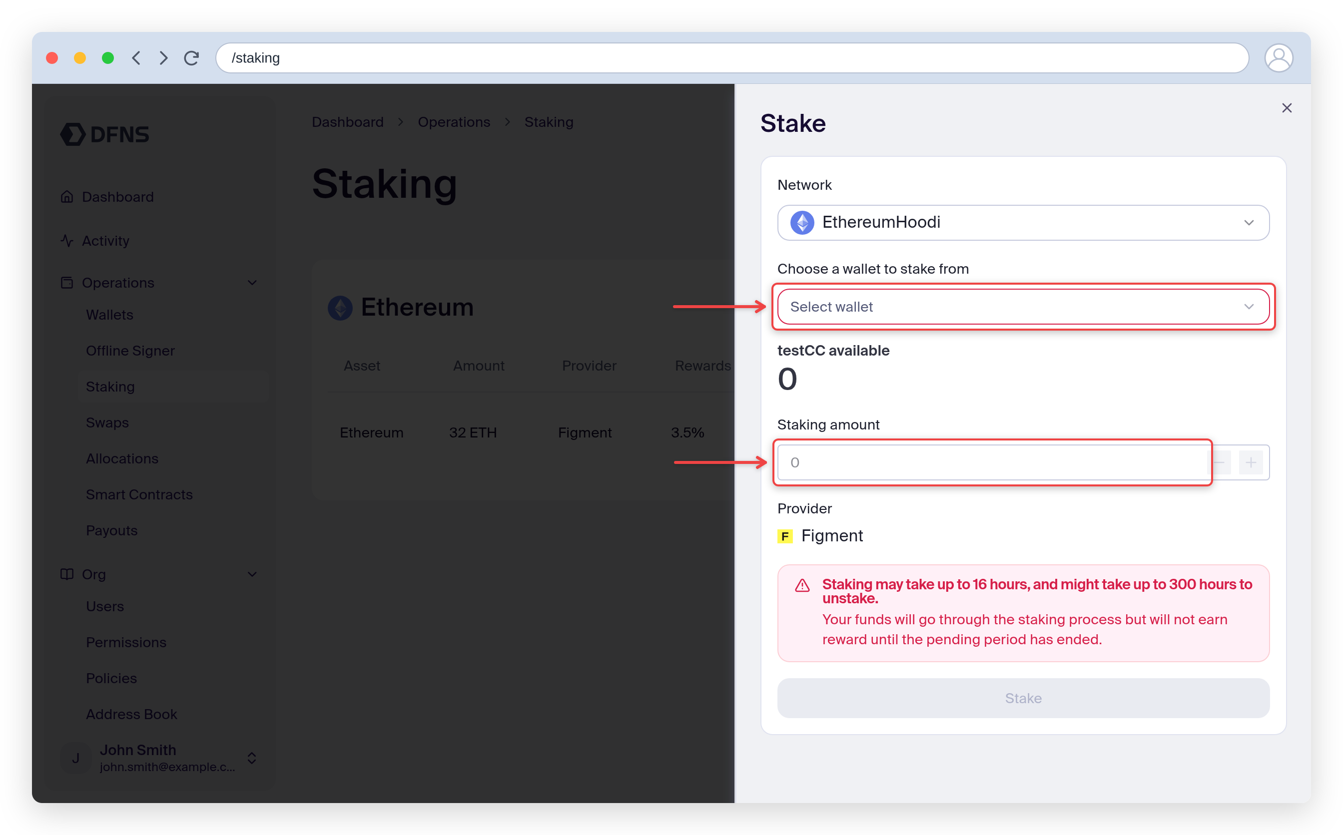 Create-stake form with the network, wallet, and amount fields