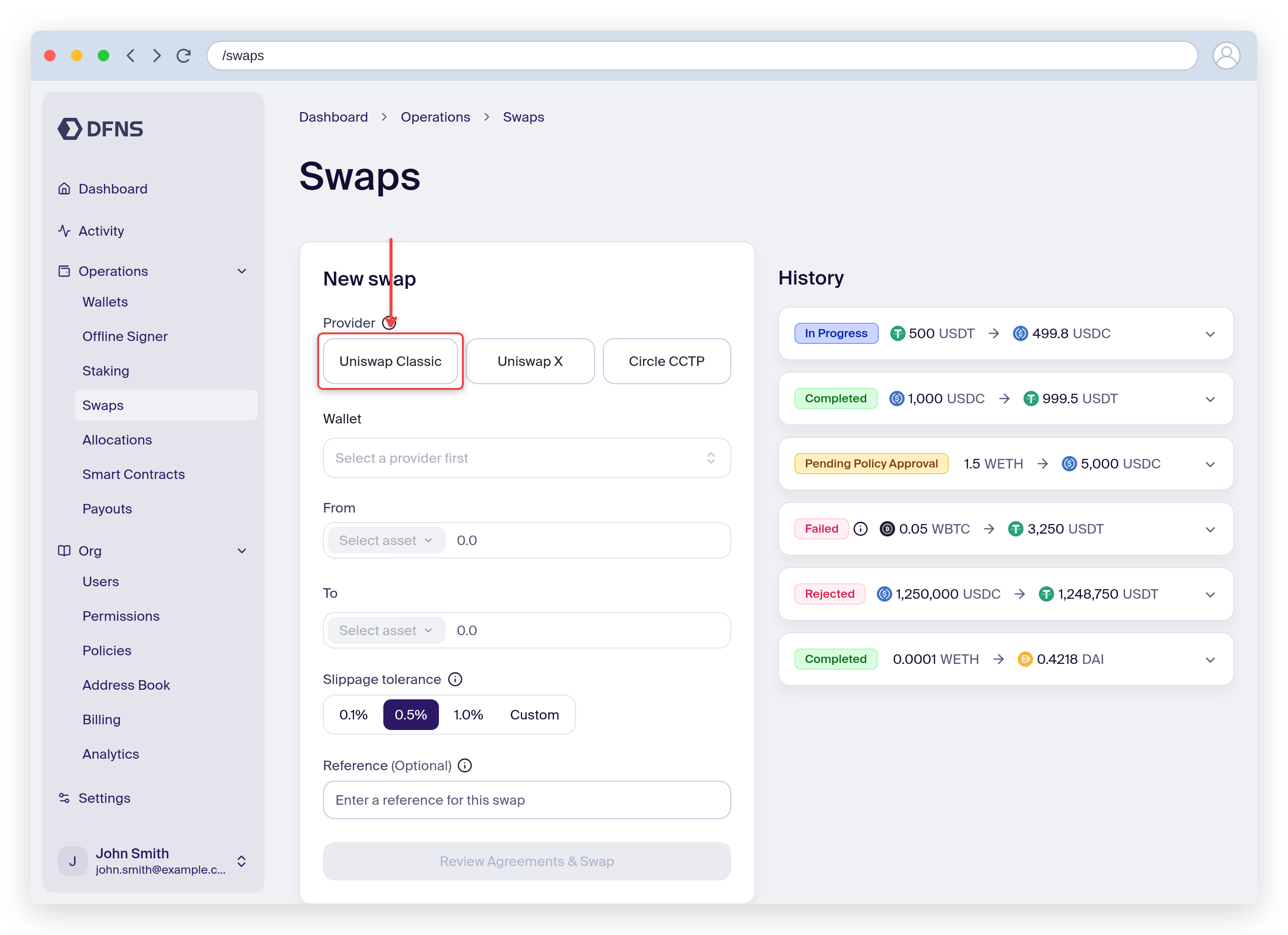 New swap form with the provider selector