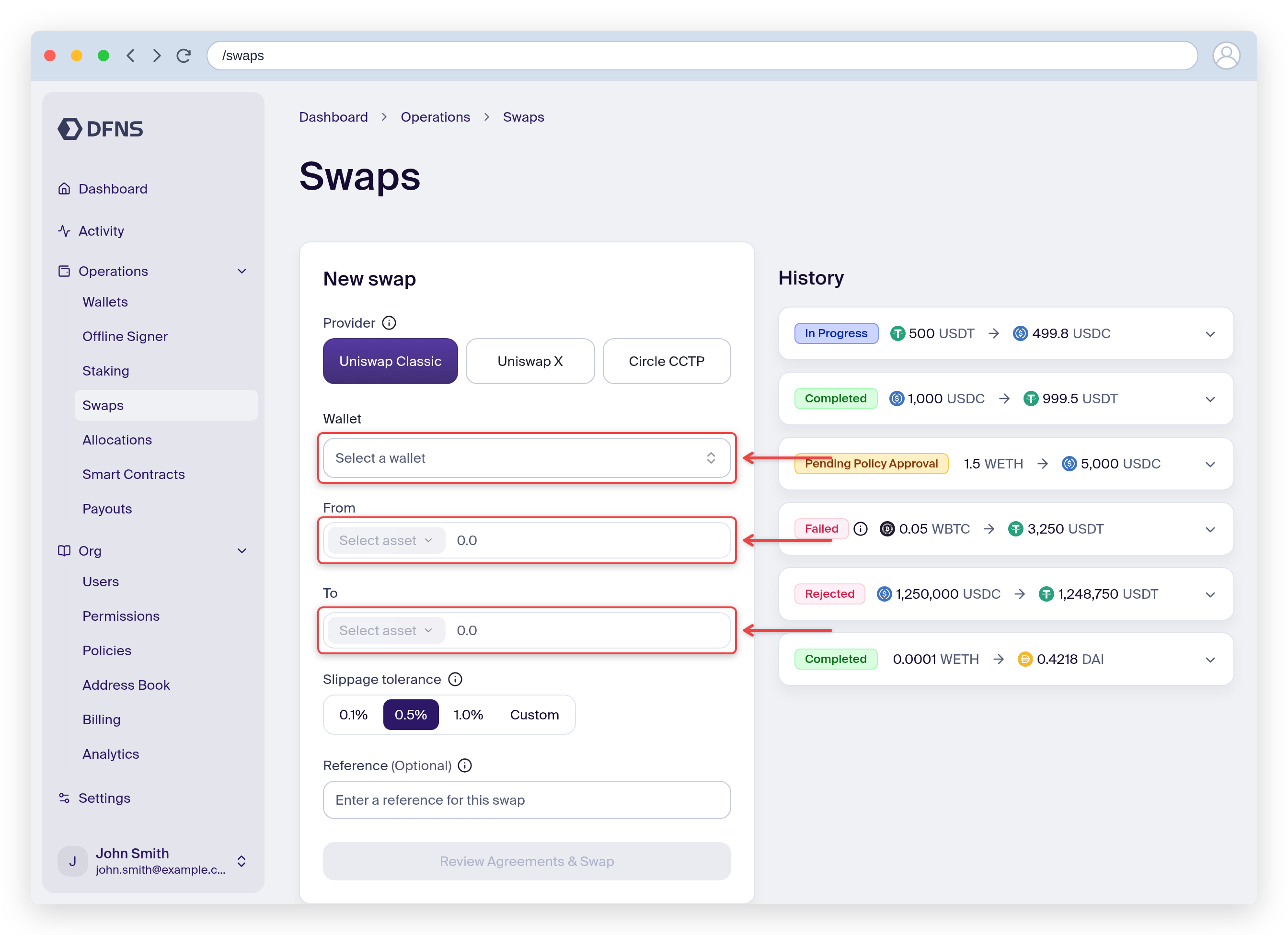 Swap form with the funding wallet selector