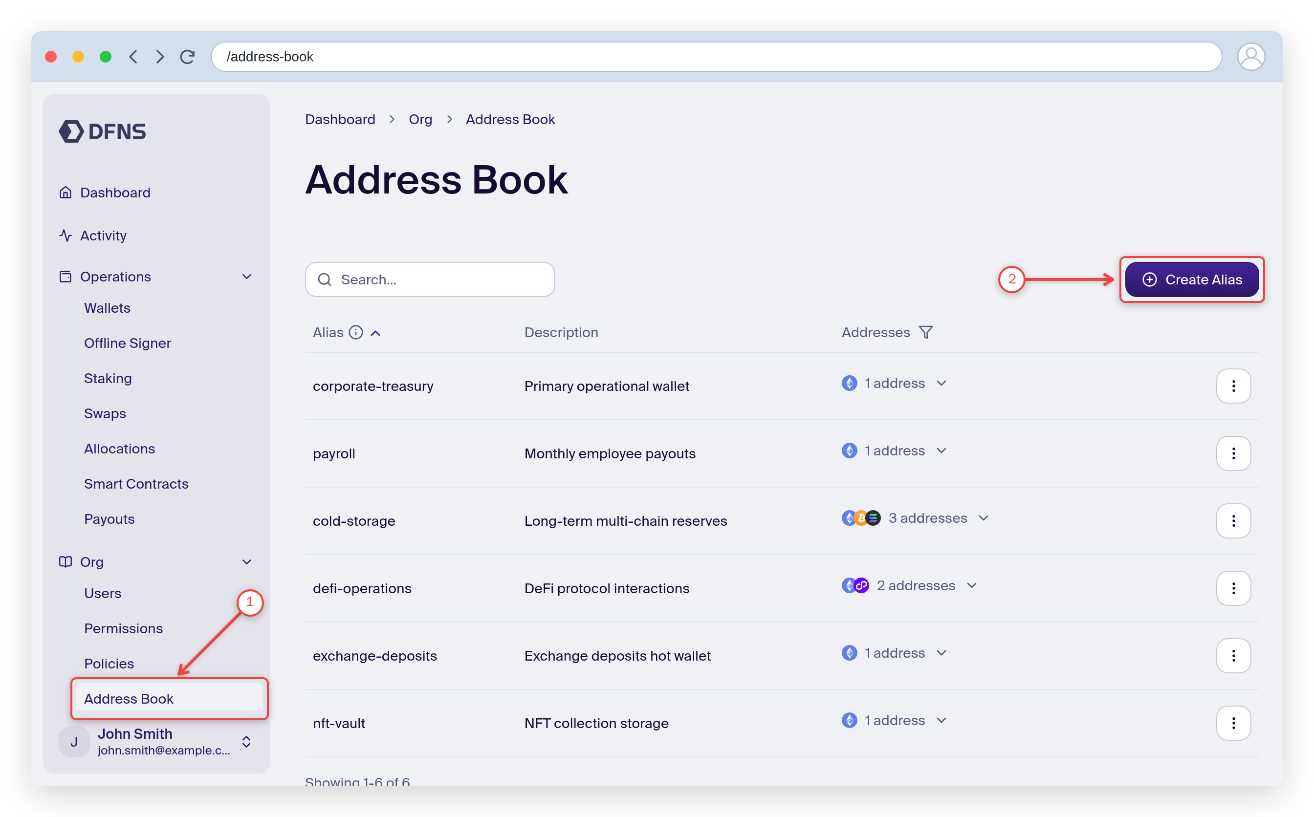Address Book page with the sidebar entry and the Create Alias button highlighted