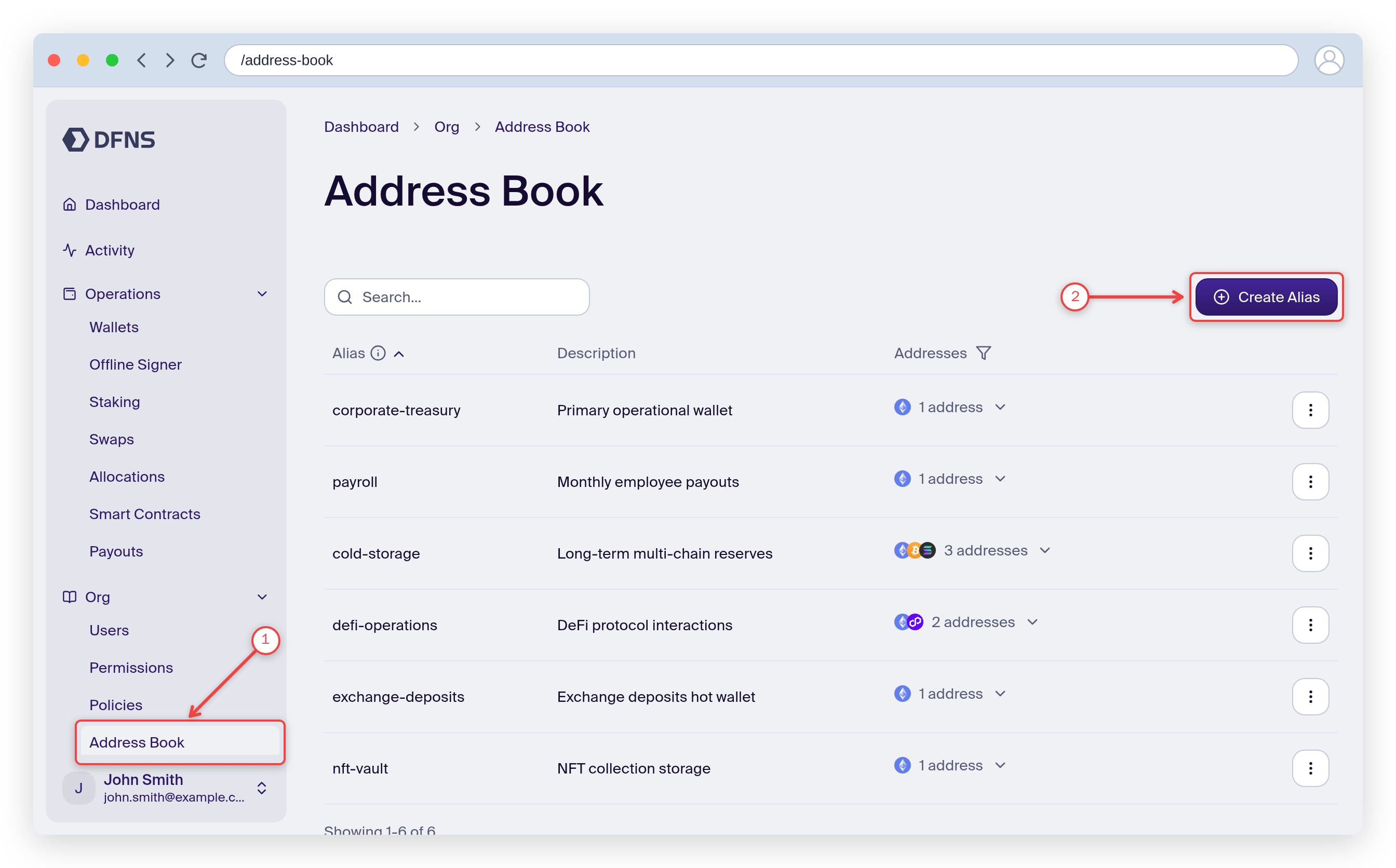 Address Book page with the sidebar entry and the Create Alias button highlighted