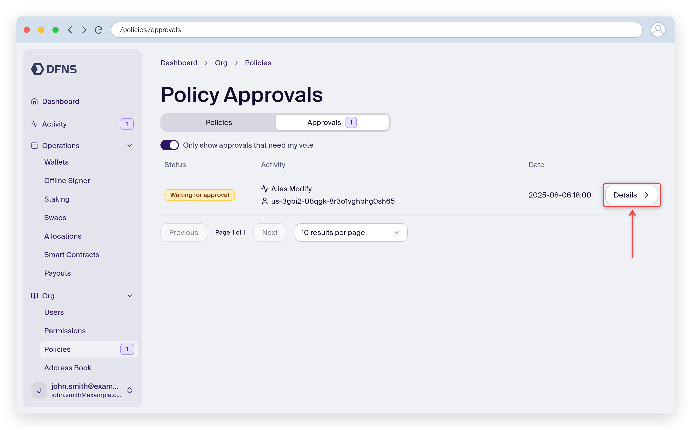 Policy Approvals list with a pending request and the Details link highlighted