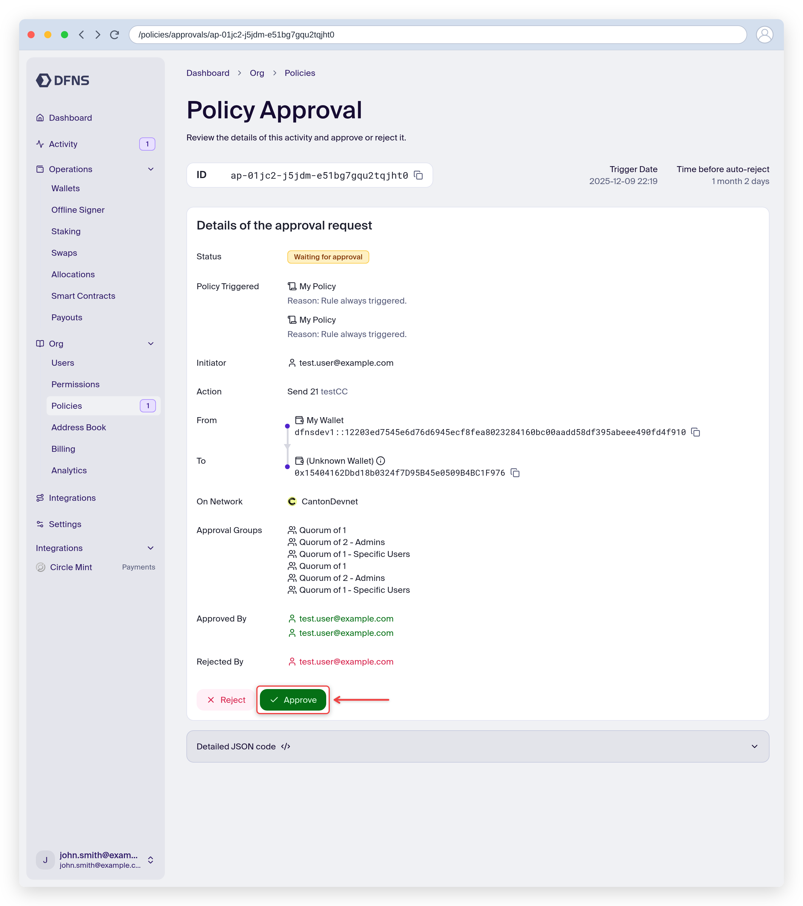 Approval detail page showing the transaction details with the Approve and Reject buttons
