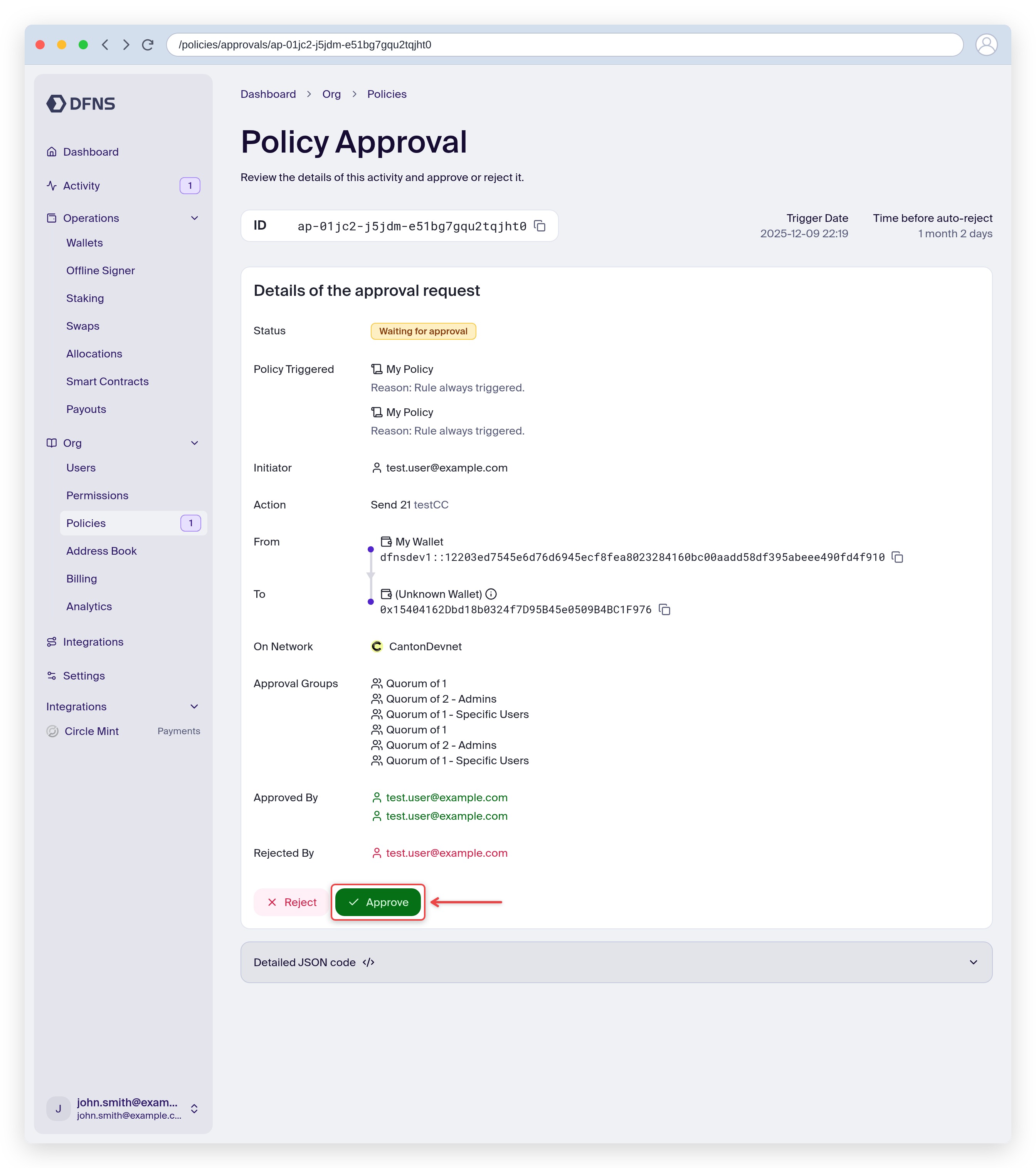 Approval detail page showing the transaction details with the Approve and Reject buttons
